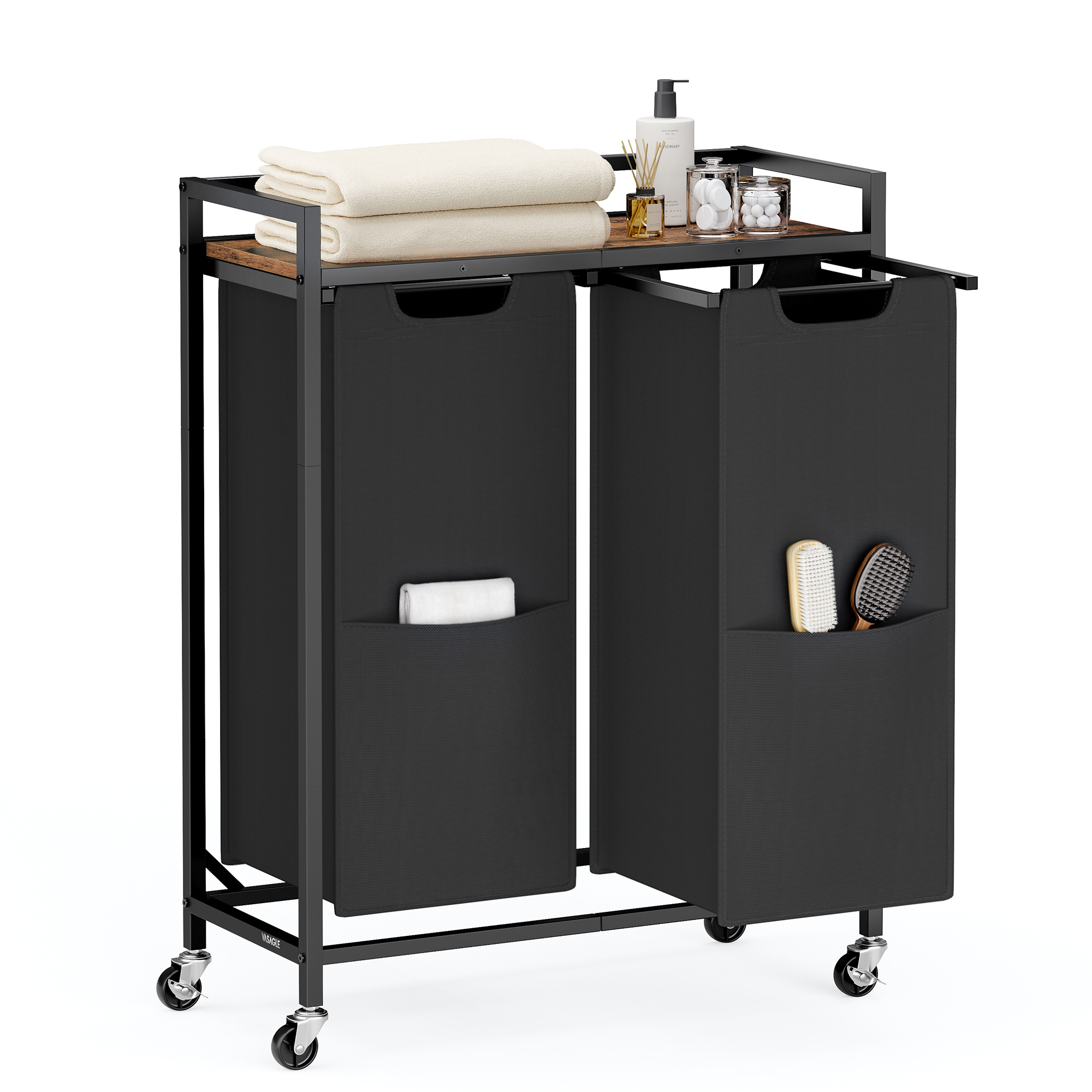 E-shop Wäschekorb 2 Fächer, 2 x 55 L,Wäschesammler mit Ablage，Rollen,Wäschebox, Wäschesack，herausnehmbaren Beuteln