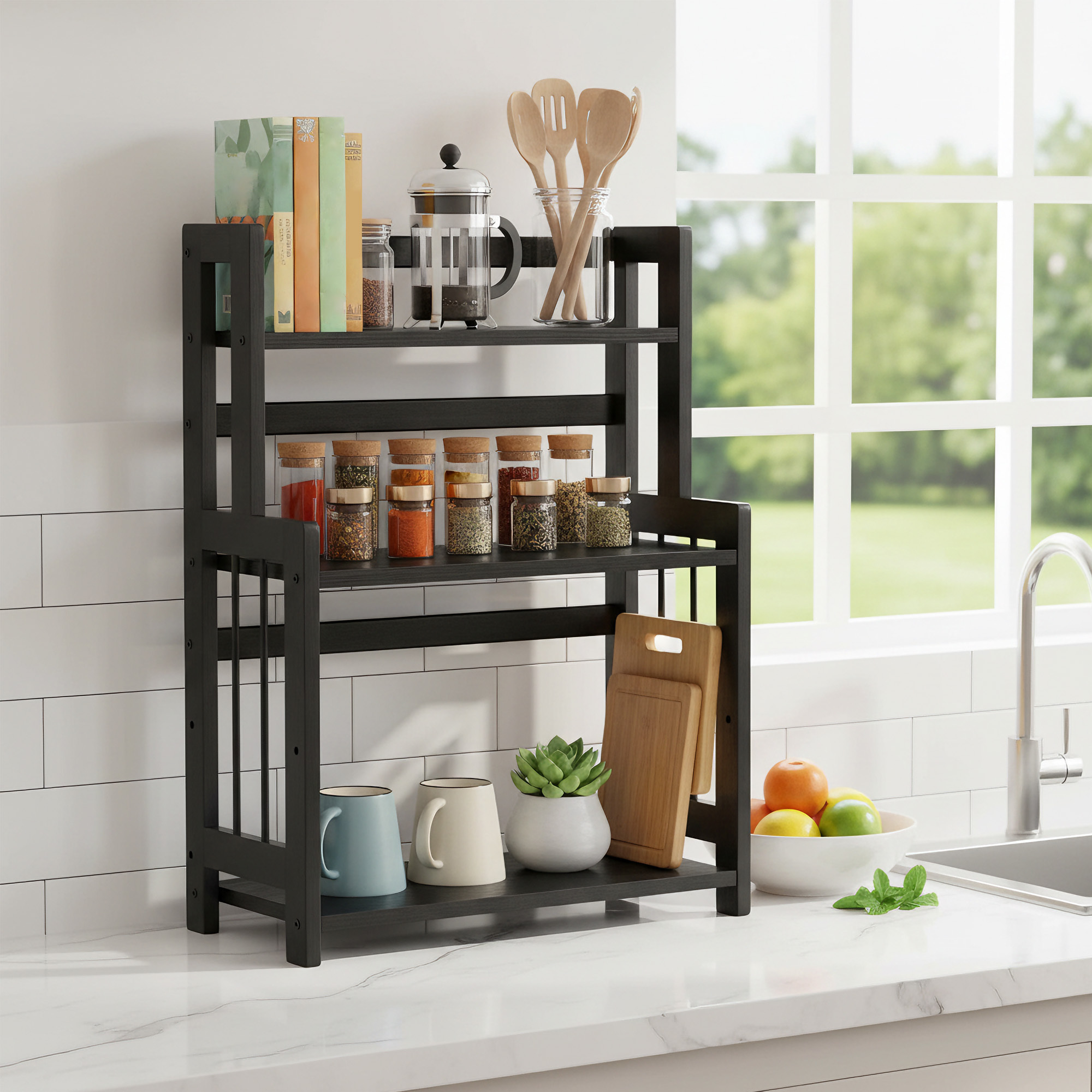 E-shop Gewürzregal mit 3 Ebenen 18T x 41B x 53H cm, Küchenregal, Aufbewahrungsregal, für Arbeitsplatte, Bambusgestell, für Küche, Esszimmer, Büro
