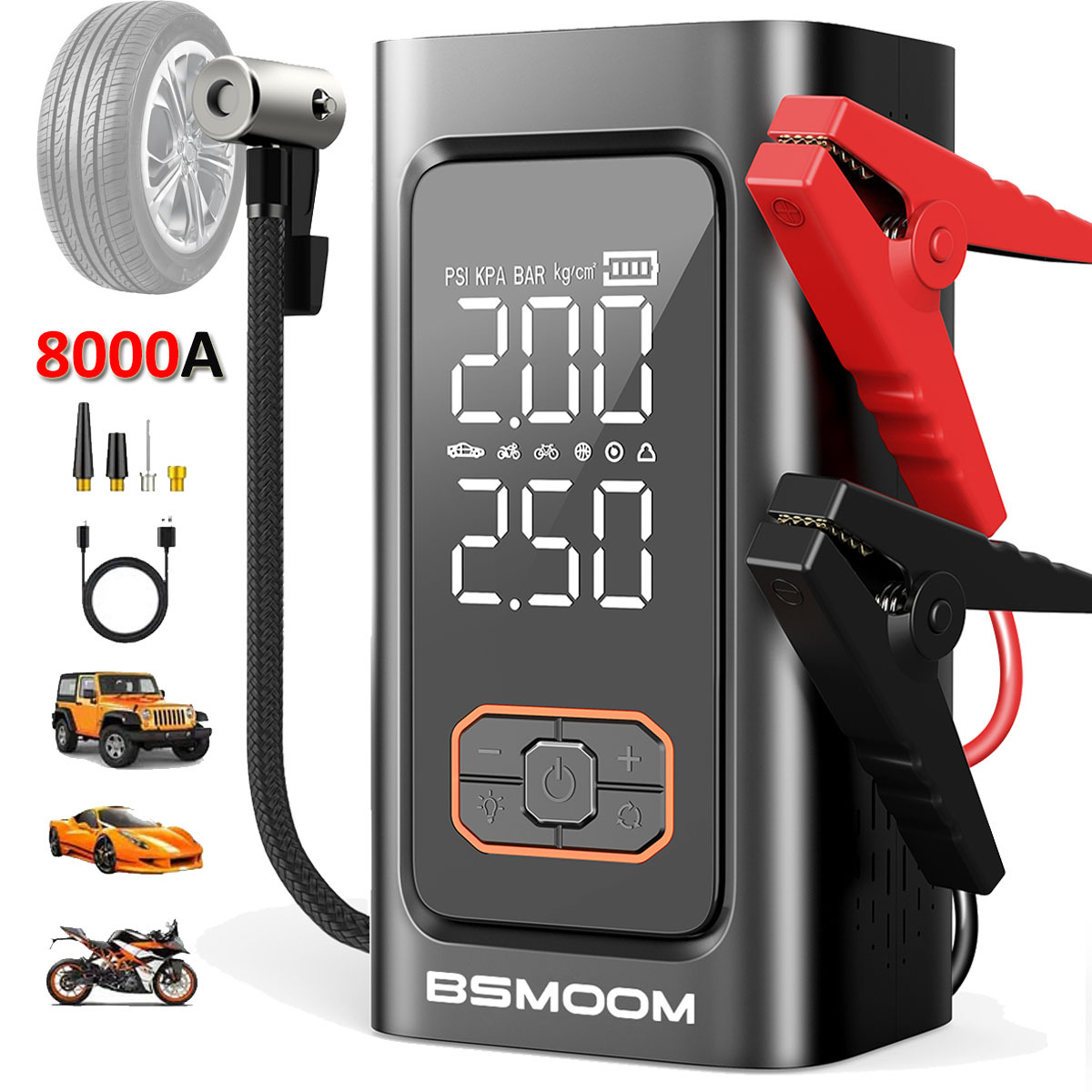 E-shop 8000A Autostarthilfe mit Luftkompressor, kabellose Reifenfüllpumpe, Batterie-Booster mit Powerbank & LED-Taschenlampen, 12V-Autostarthilfe für
