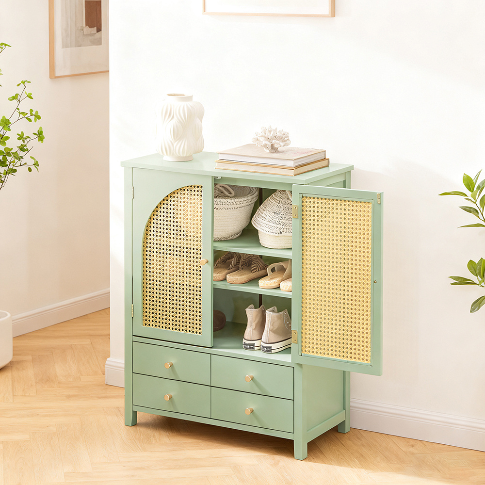 Image of 1 Storage Furniture Piece Entryway Commode Buffet - 4-drawer Shoe Cabinet In Poly Rattan And 2 Doors - For Living Room Entrance Hallway - Green 70x34x90cm - Gtc83-hs