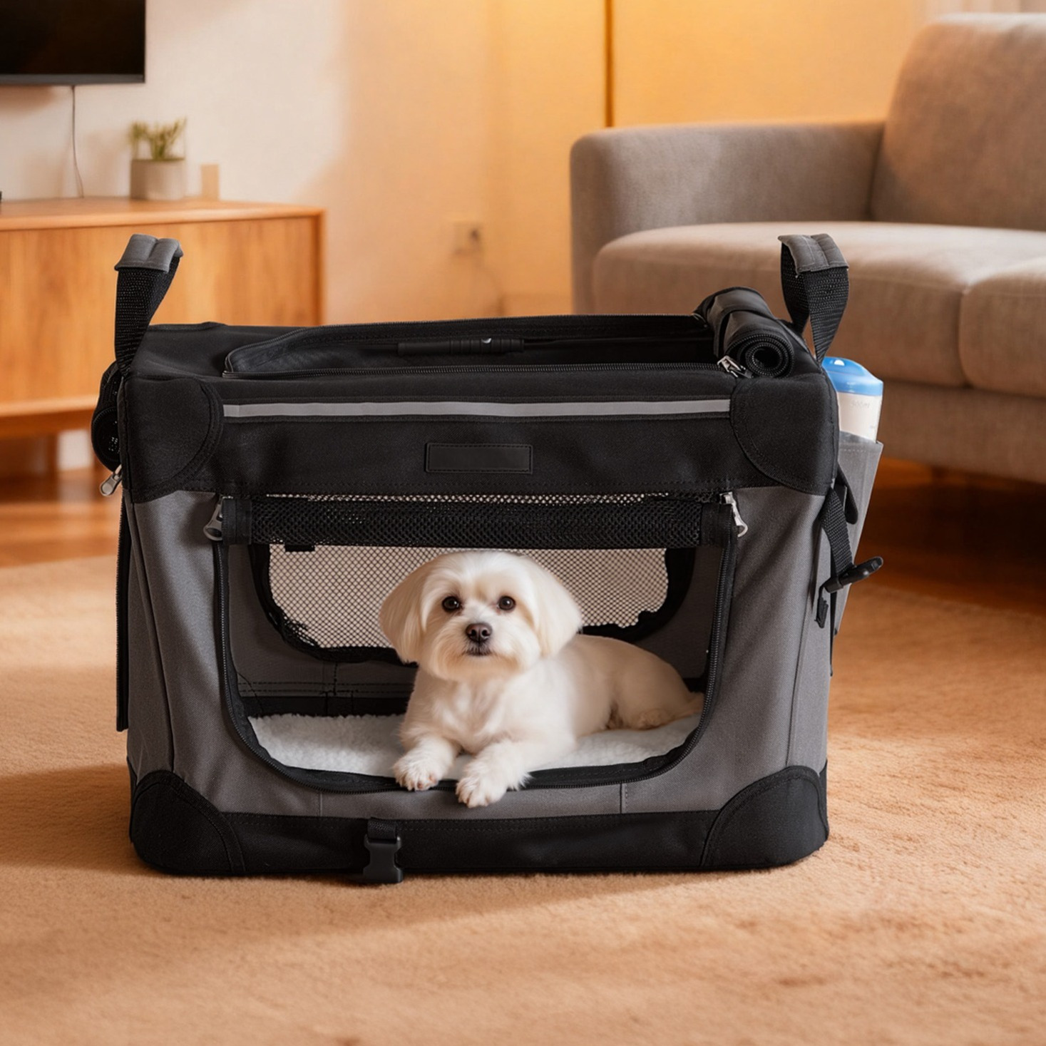 TEMU Portable Oxford Fabric Pet Cage 50-106.7cm For Cats/dogs Of All Sizes, Metal Frame, Foldable And Practical, With 4 Mesh Doors, Handles, Pockets