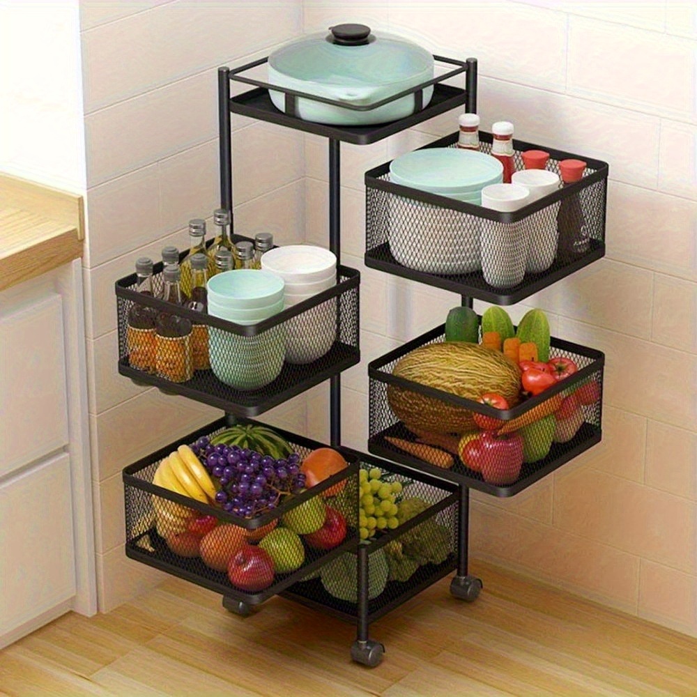 5-tier Mobile Spice Rack With Hanging Basket Multifunctional Kitchen Storage Cart Organizer Bottom Space