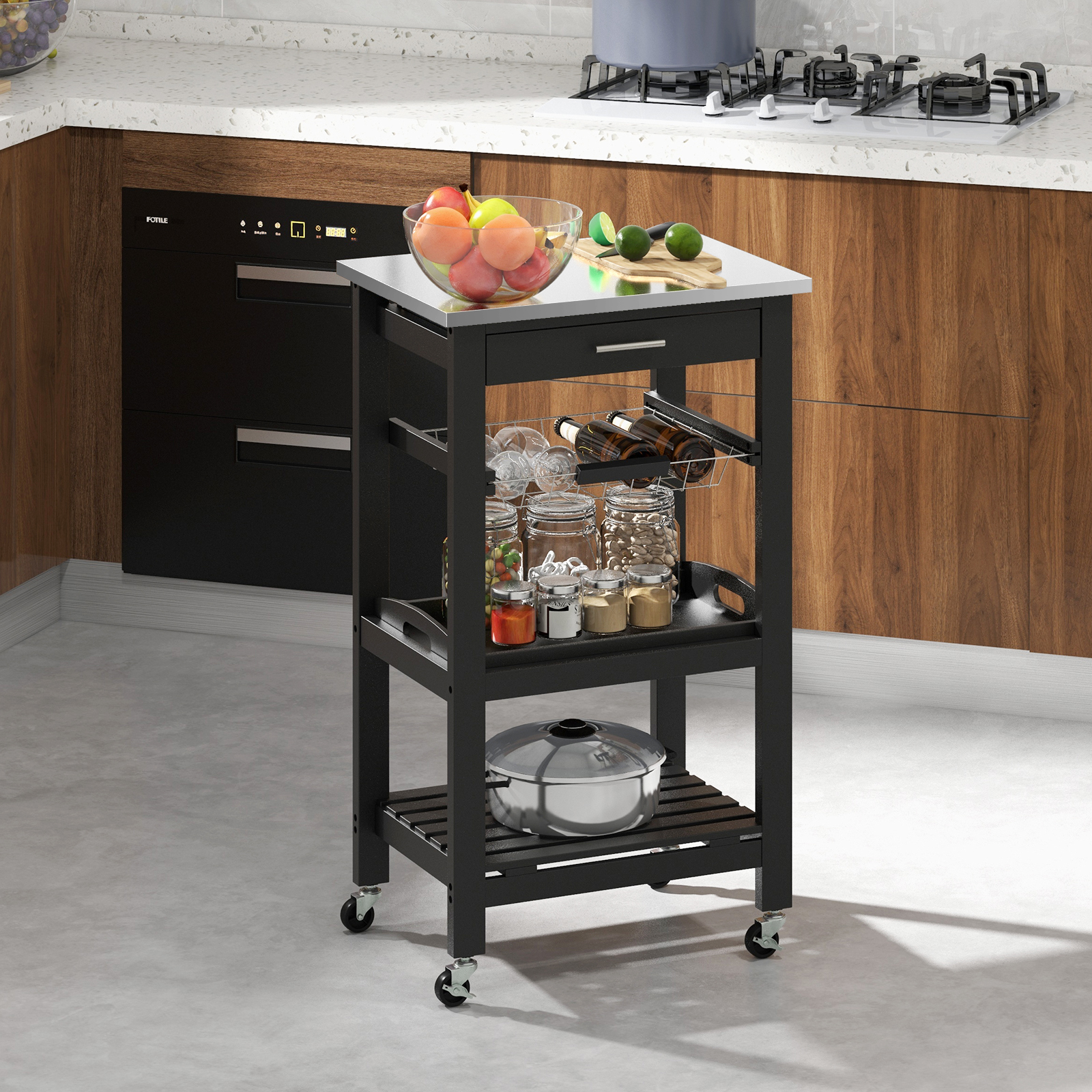 Image of Kitchen Island Cart, Utility Storage Trolley W/ Stainless Steel Top, Drawer, Metal Wire Basket, Serving Tray & Slatted Shelf, Buffet Serving Cart W/ Lockable Wheels For Dining Room, Black