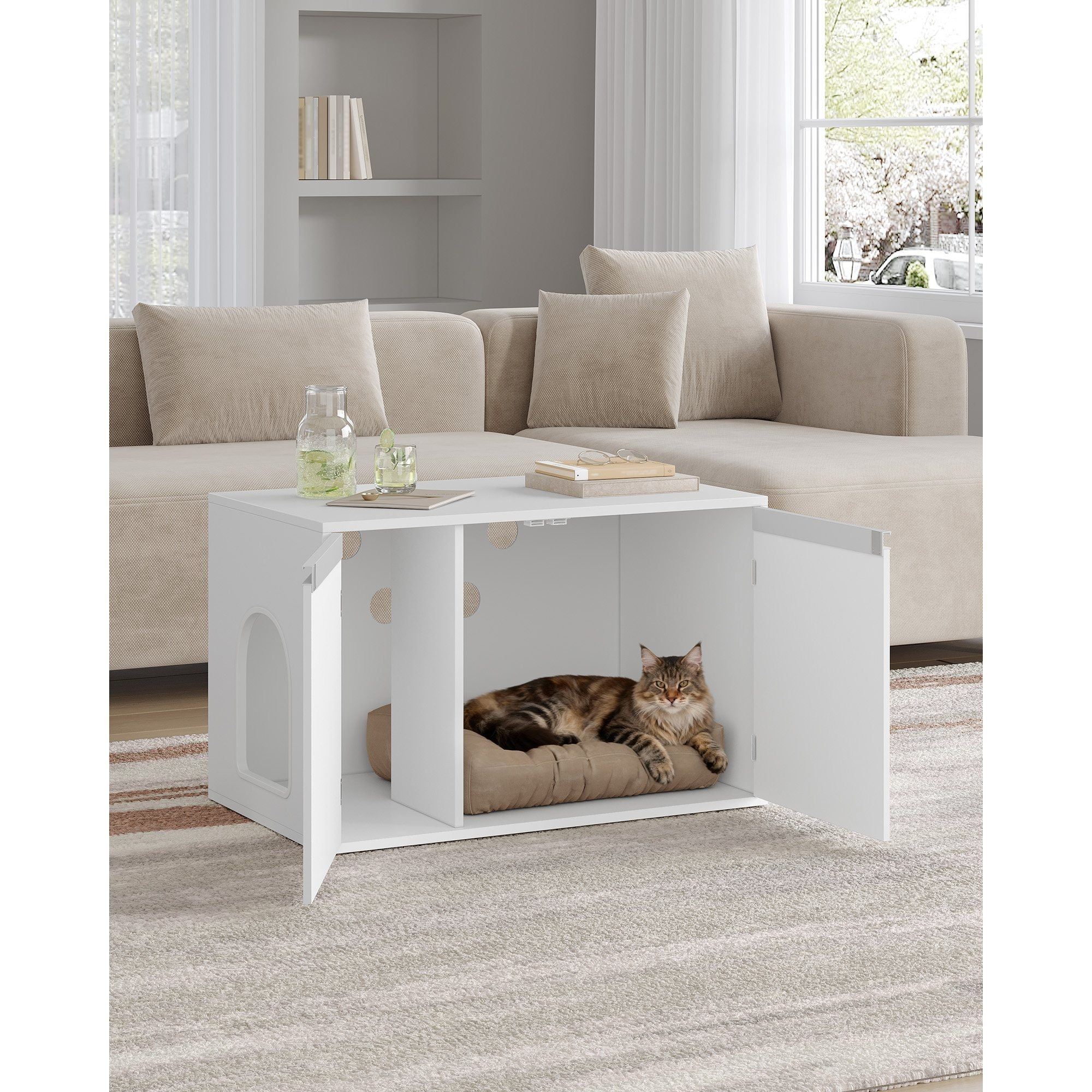 TEMU Cat Litter Cabinet, Cat Litter Box Furniture, Cat House With Door And Separate Divider, 80 X 48.5 X 48.5 Cm, White