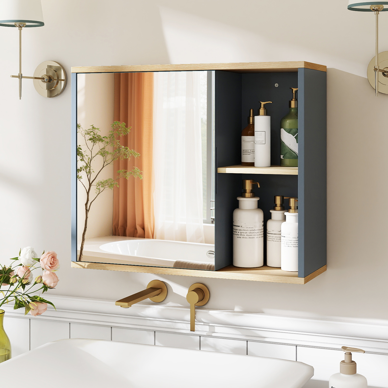 Image of Medicine Cabinet With Mirror, Wall Mounted Bathroom Cabinet With Mirrored Door, Adjustable Shelf And Side Open Compartments, Wall Storage Organizer For Living Room, Laundry Room, Entryway