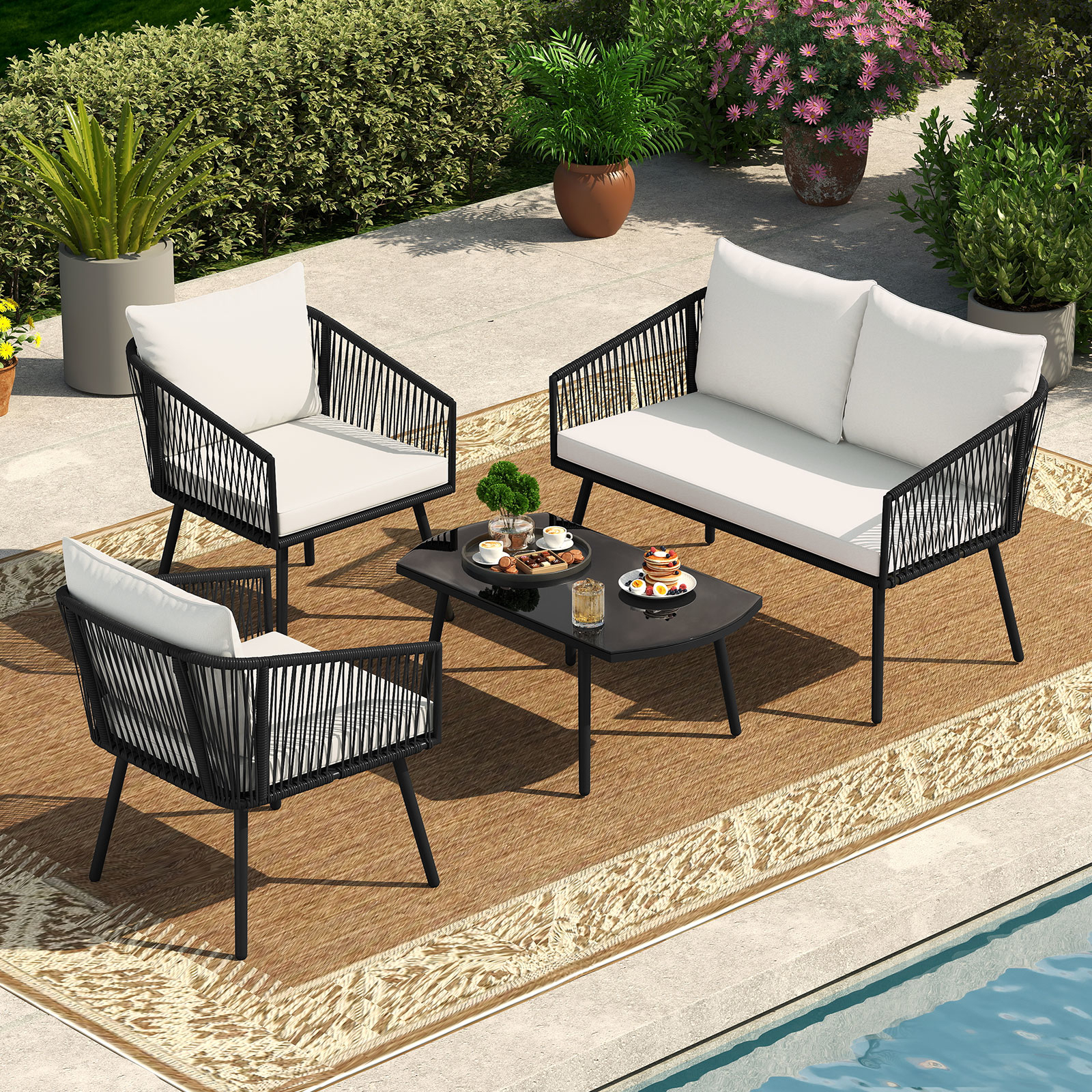 Outdoor Garden Lounge For , 2 Single Armchairs, 1 Double Armchair, Tempered Glass Coffee Table