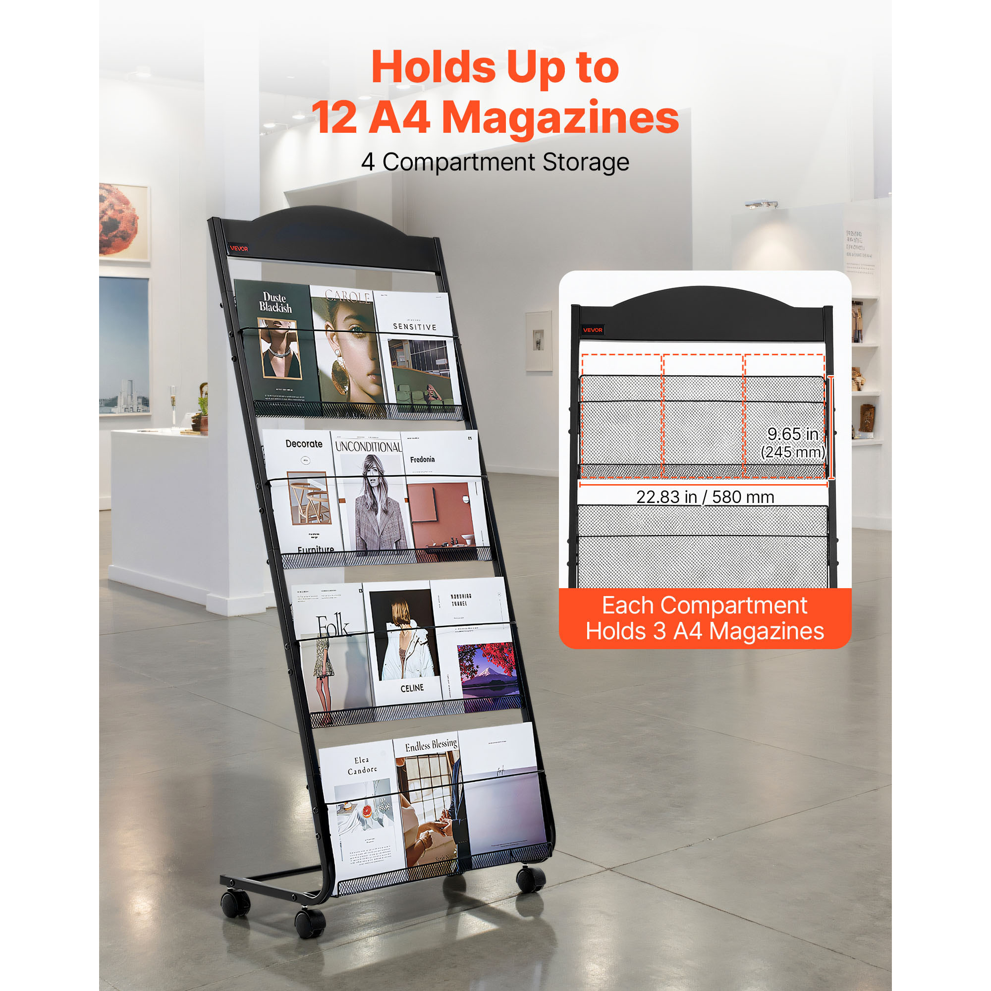 Image of Vevor Brochure Display Rack, 4-tier Magazine Literature Display Stand With Wheels, Movable Floor Standing Magazine Rack, Heavy Duty Newspaper Catalog Holders For Shop Exhibitions Office Craft