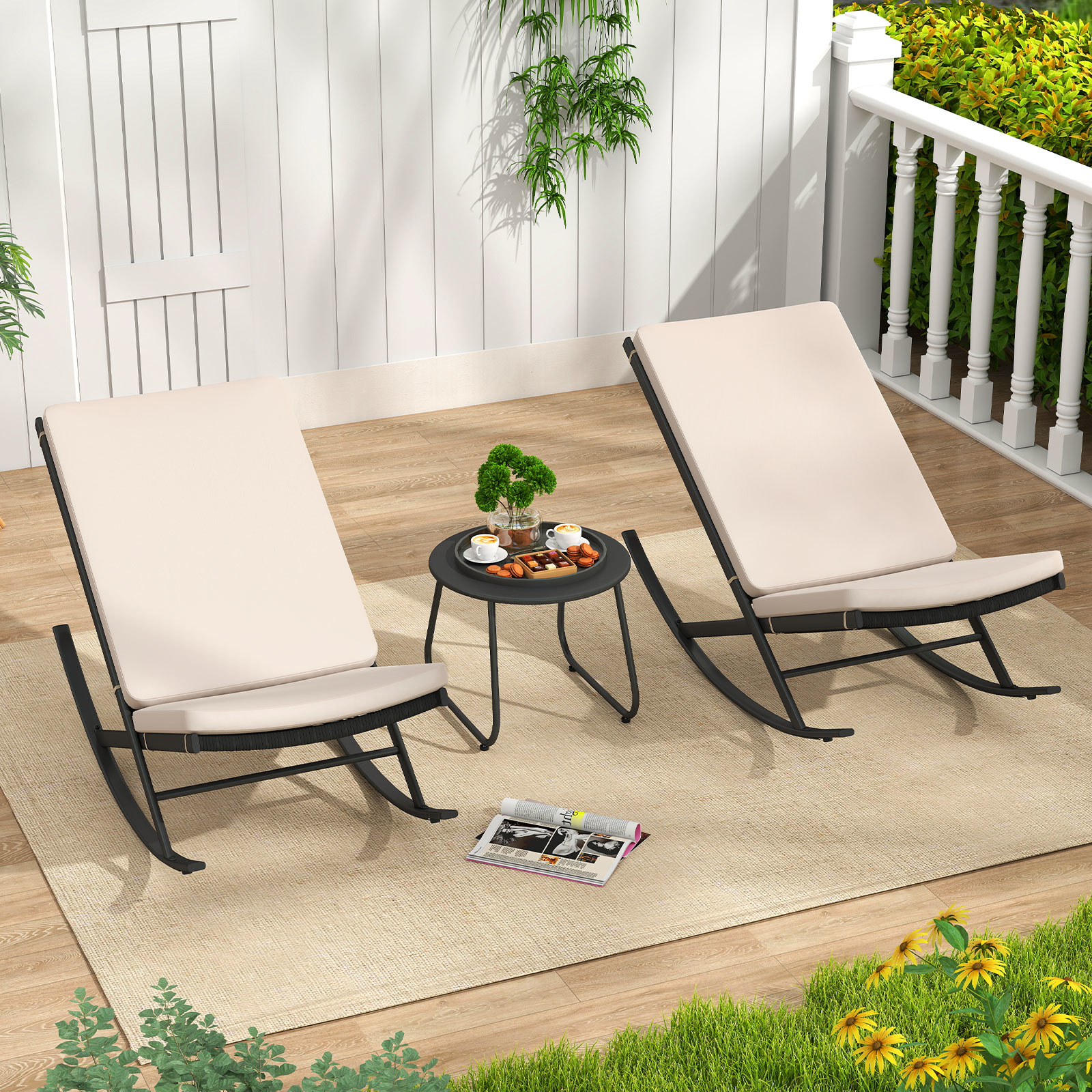 3 Piece Rocking Bistro Set, Outdoor Rattan Patio Rocker Chairs With Coffee Table
