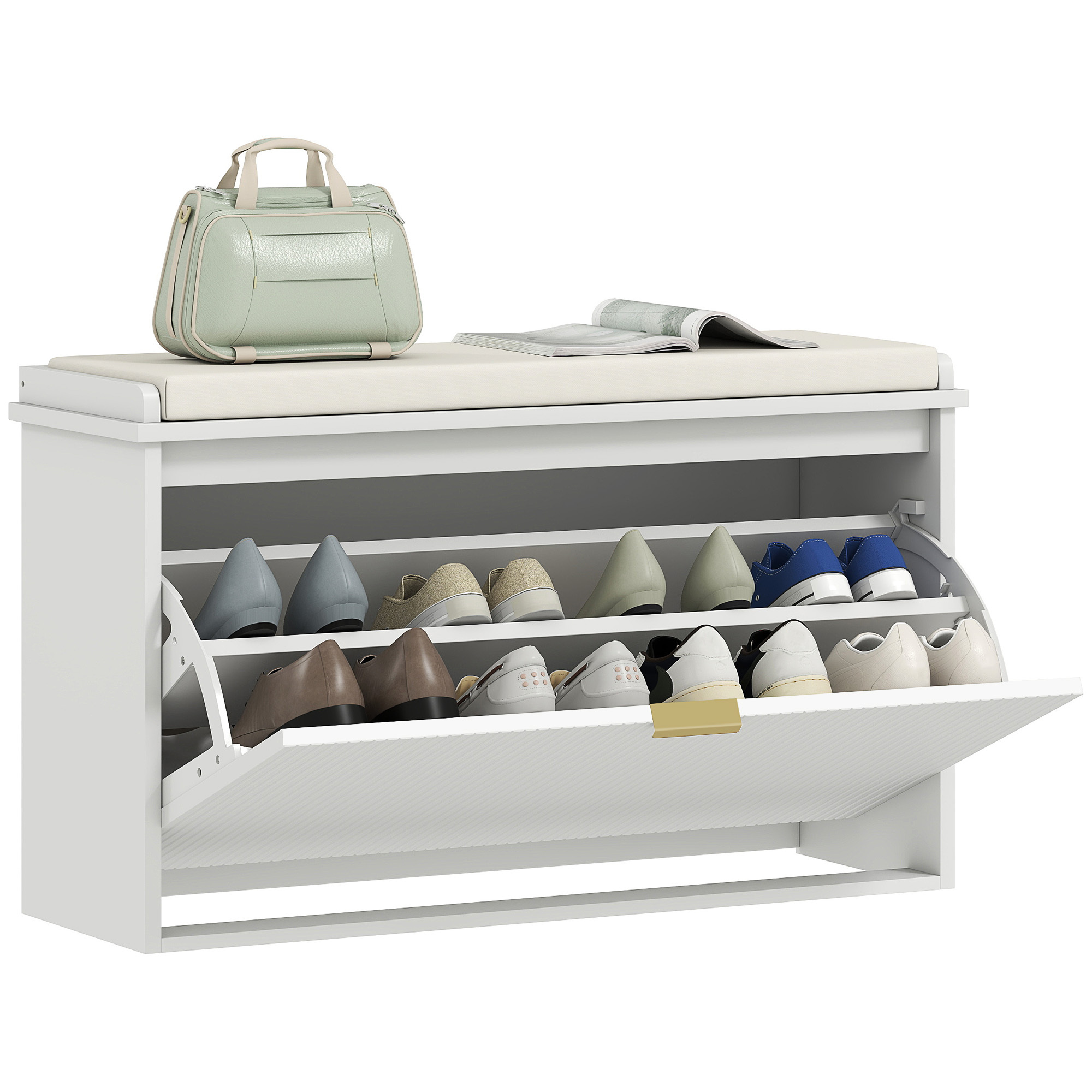 Image of Homcom Shoe Bench With Padded Seat Cushion And Foldable Drawer, Entryway Bench With Load Of 120 Kg, For Entryway, Hallway, Bedroom, 80 X 26 .5 Cm, White