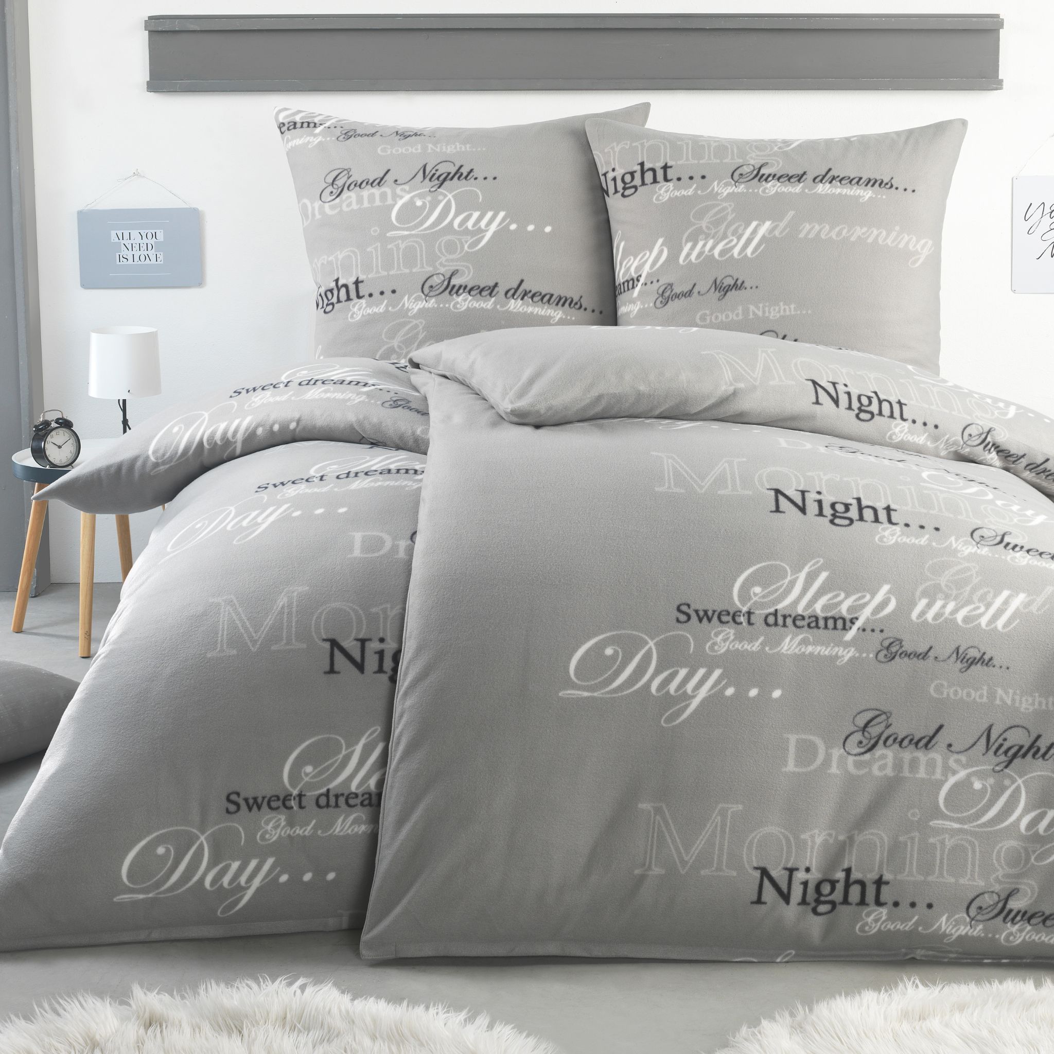 Winter Bedding Set, 4-piece, 135x200 Cm - 2x Duvet Cover + 2x Pillowcase - Warm And Fluffy Bedding Set - Cozy And Warming - Calligraphy Gray