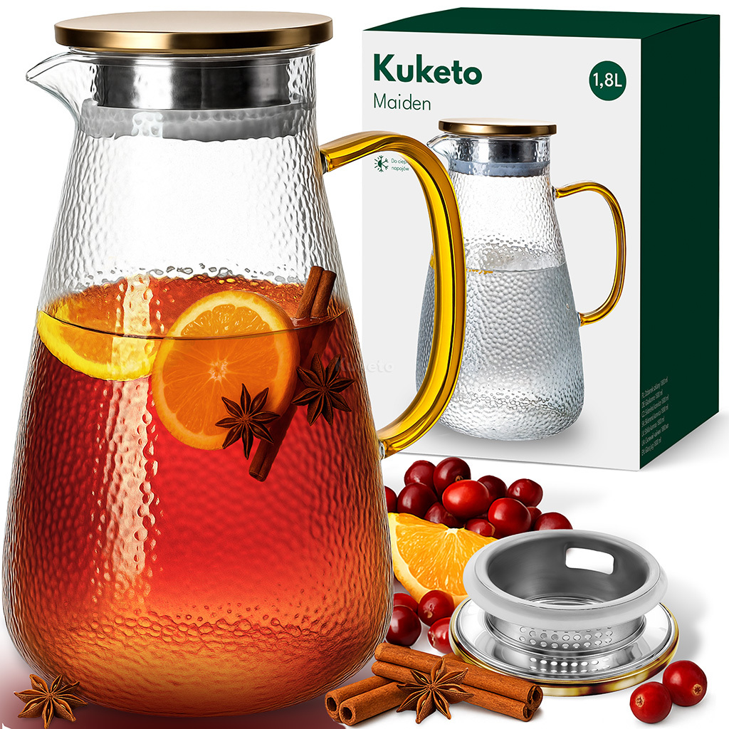 E-shop Kuketo - 1,8L Glas-Kanne mit Infuser und Goldgriff, hochtemperaturbeständige Tee- und Kaffee-Infuser-Kanne zum Aufbrühen von Tee, Kaffee,