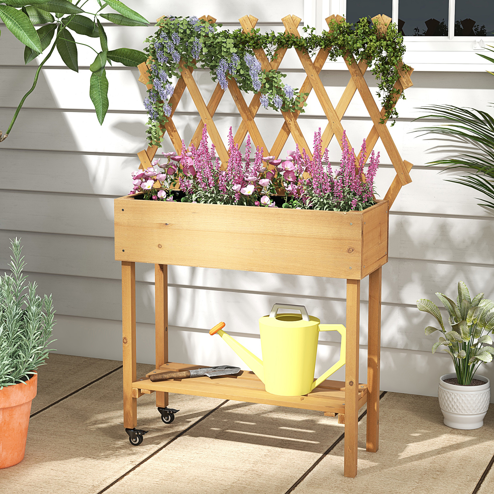 Wood Raised Garden Bed With Trellis, Mobile Elevated Planter For Climbing Plants With Storage Shelf