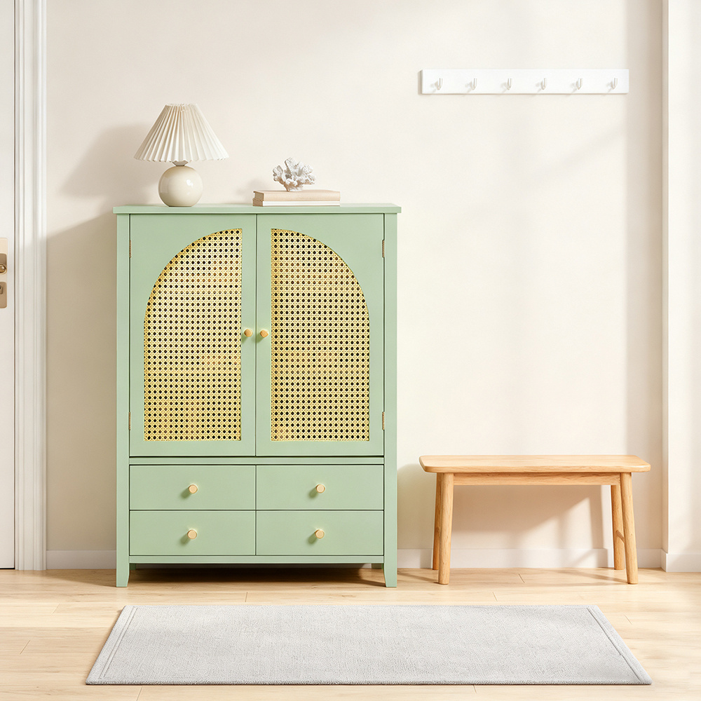 TEMU Mobiletto da per riporre oggetti, 1 pezzo, credenza a com簷 - Scarpiera con 4 cassetti in rattan e 2 ante - per soggiorno, , corridoio - Verde,