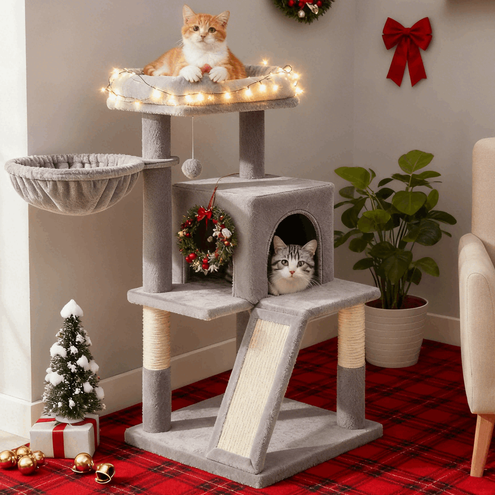 E-shop Katzenklettergerüst klein 96 cm hoch einem Kippschutz，Kratzbaum, Katzenbaum mit großer Plattform, Kratzsäulen, , Plüschbälle, Einfache