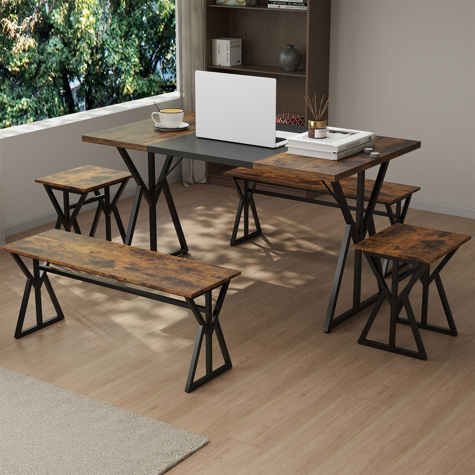 5pcs Dining Room Set For 4-6 People, Industrial Rectangular Kitchen Table With 2 Benches & 2 Stools, Space- Dinette Set With Metal Frame For Small Room Apartment
