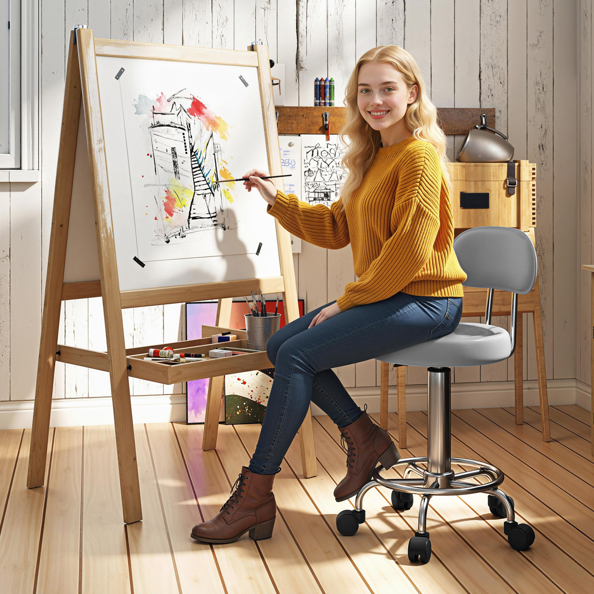 Image of Height-adjustable Swivel Stool With Backrest, Wheels, Office Stool With Adjustable Footrest, Made Of Artificial Leather, 32 X 40 X 70-86 Cm, Grey