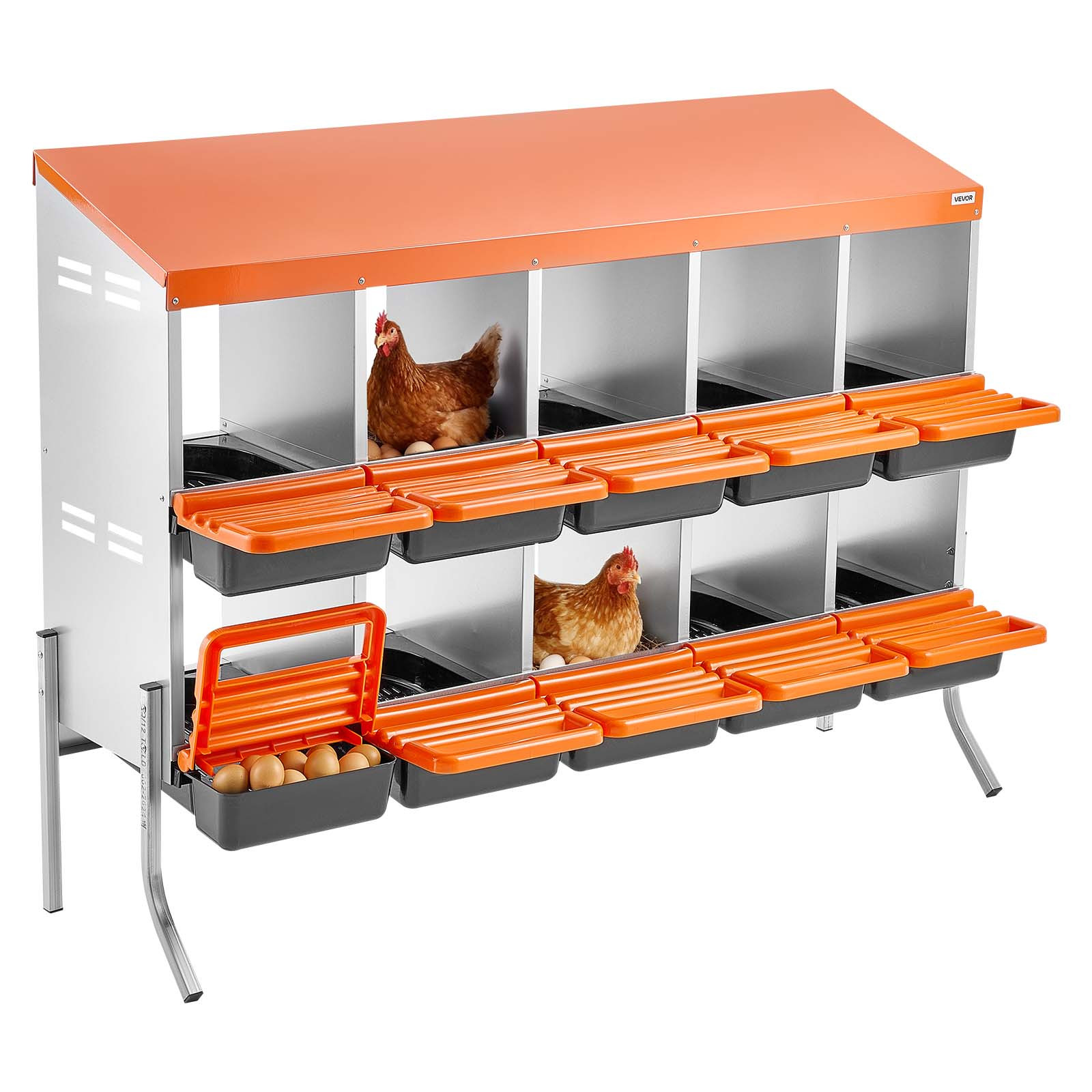 Vevor Chicken Nesting Boxes, 10 Compartments, With Support Legs, Collection, Galvanized Steel And High-strength Plastic, Nesting Boxes For Chickens And Hens Laying Eggs, Orange