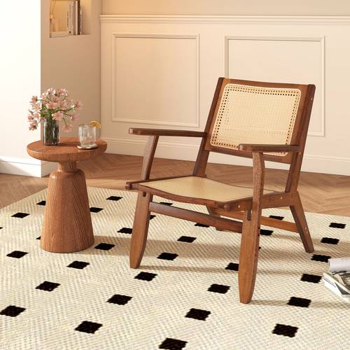 boho rattan detaylı sandalye, orta yüzyıl modern şezlong koltuk, bambu ahşap detaylı, oturma odası ve yatak odası için okuma ve dinlenme koltuğu