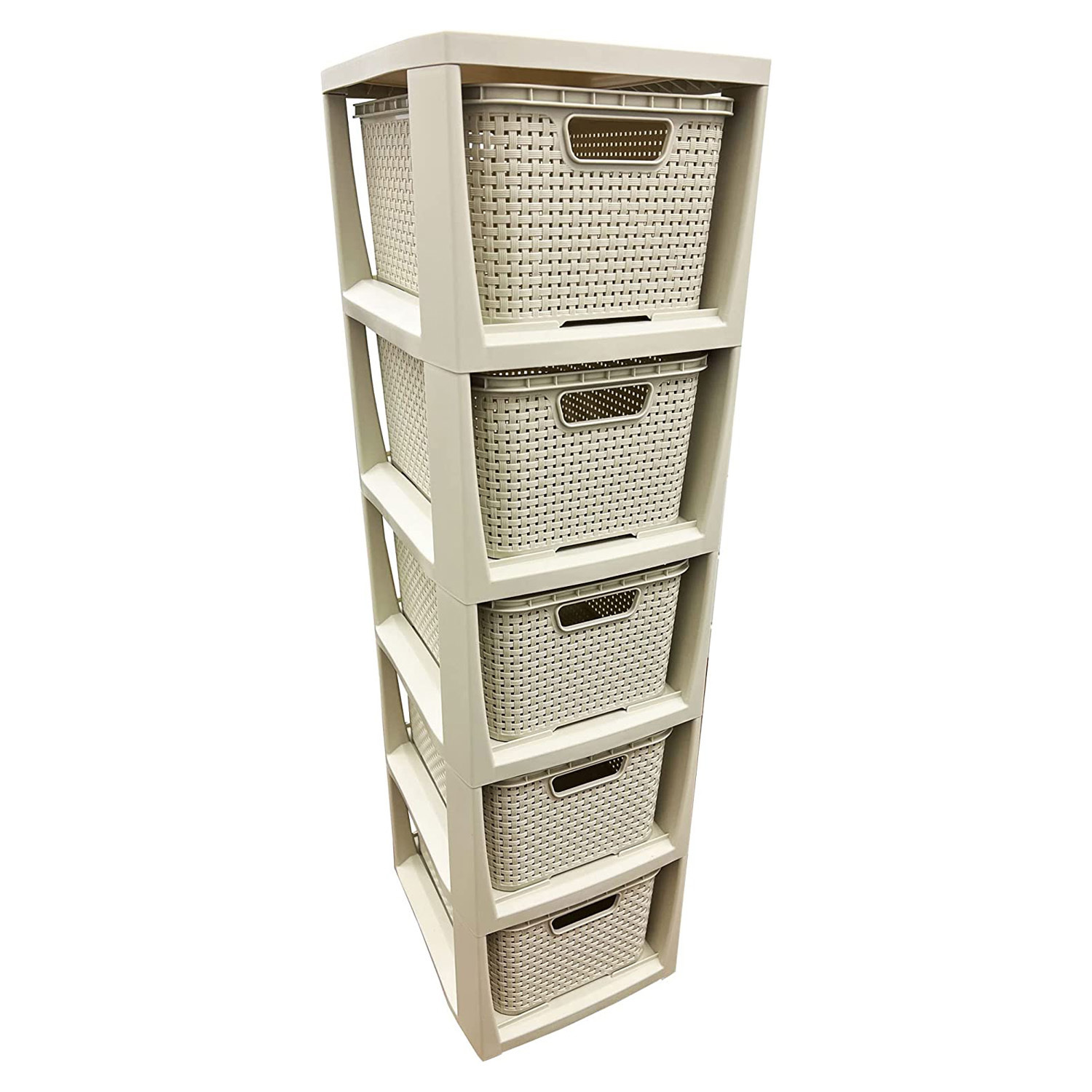 5 Drawer Cream Rattan Effect Commode Storage Tower Unit