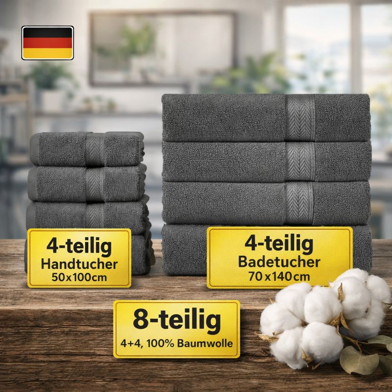 Image of 8-piece Towel Set Made Of 100% Cotton – 4 Large Bath Towels 70x140 Cm & 4 Hand Towels 50x100 Cm – Soft, Absorbent & Durable