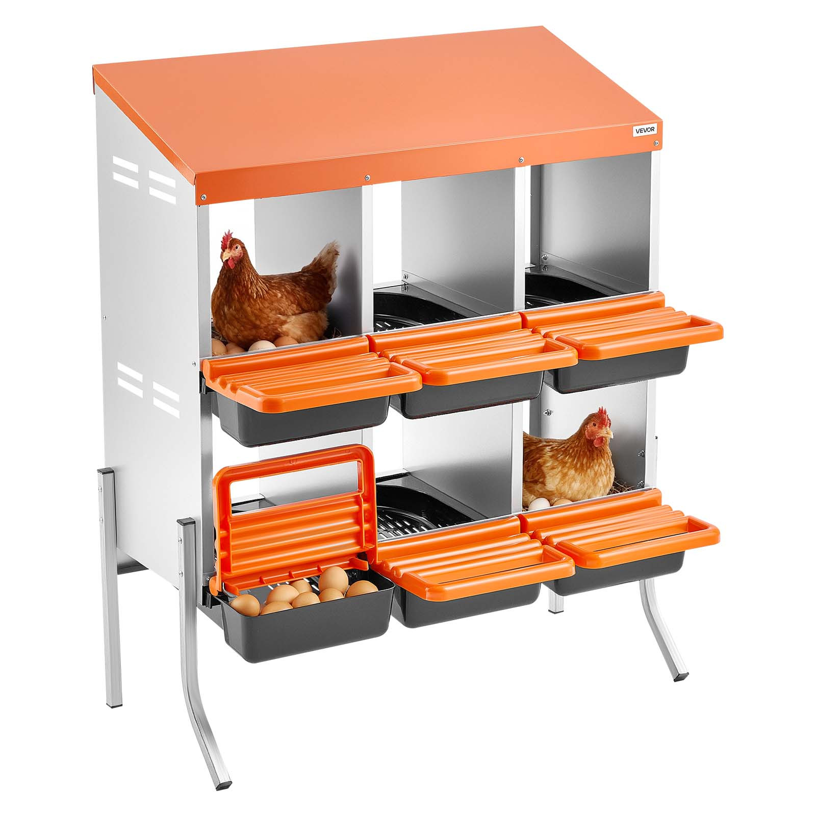 Vevor Chicken Nesting Boxes, 6 Compartments, With Support Legs, Collection, Galvanized Steel And High-strength Plastic, Nesting Boxes For Chickens And Hens Laying Eggs, Orange
