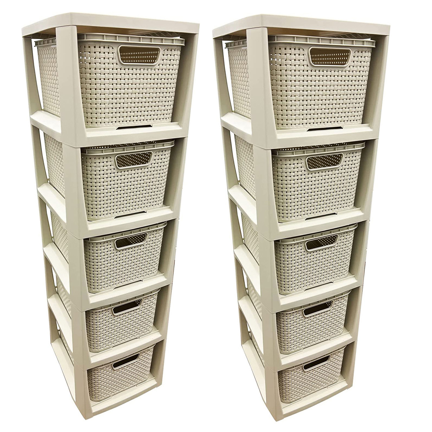 5 Drawer Cream Rattan Effect Commode Storage Tower Unit