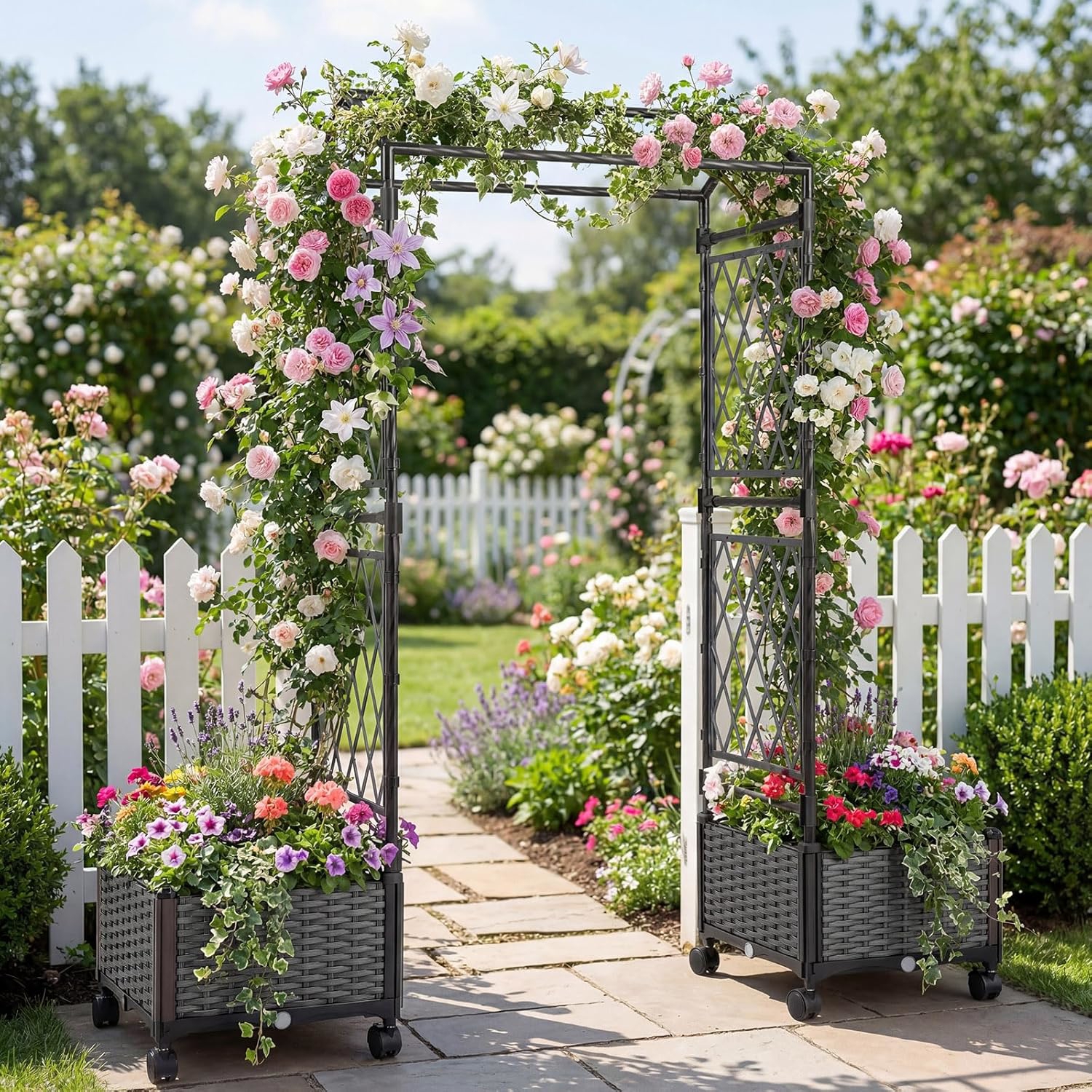 Image of Garden Arch With Plant Boxes, 2 In 1 Self-watering Planters With Trellis Wheels, Hanging Roof Drainage Holes