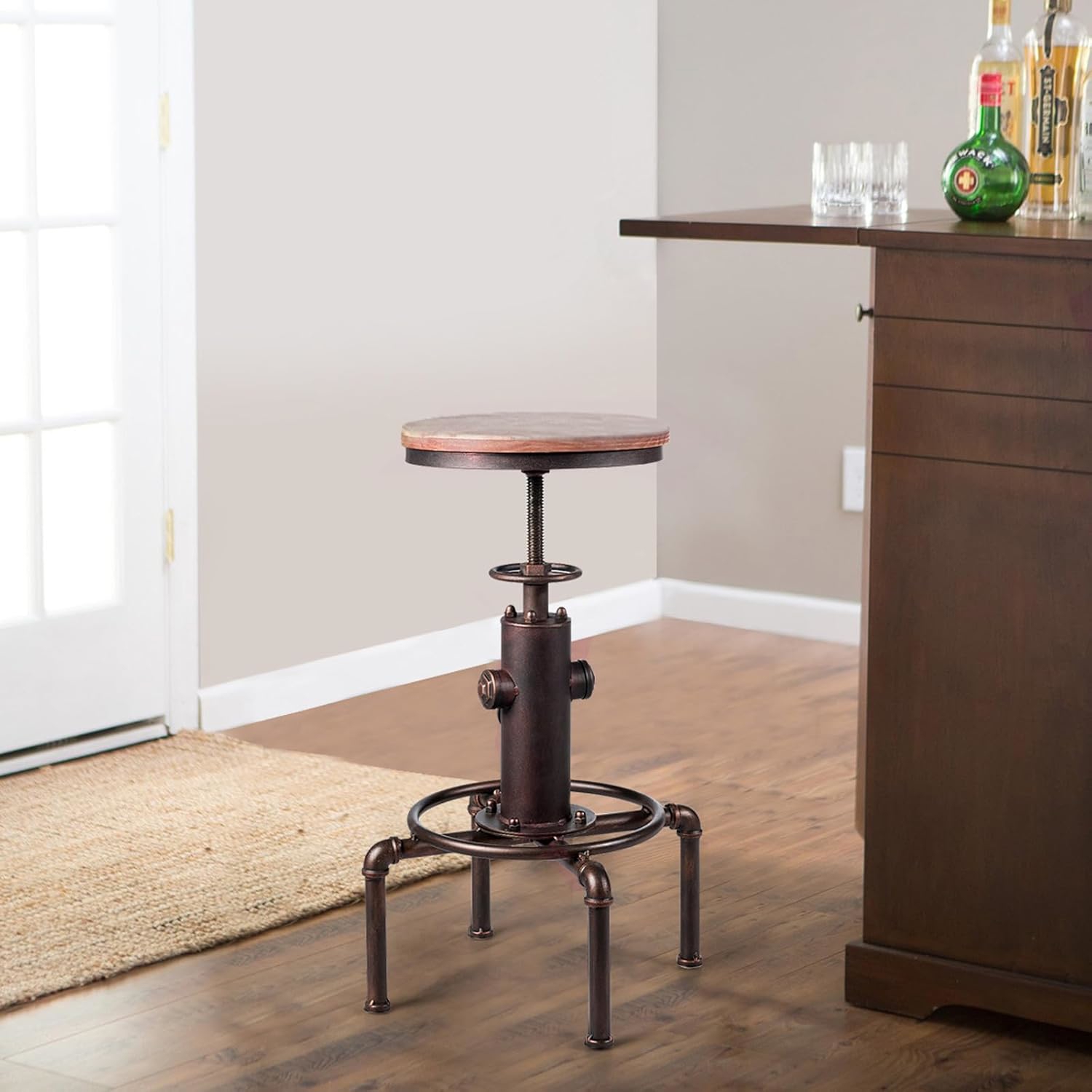 Image of Height-adjustable Rattan Bar Stool, 360°swivel Bar Chair With Footrest, Upholstered Velvet Kitchen Stool, Mid Century Breakfast Chair Dining Chair Set For Room