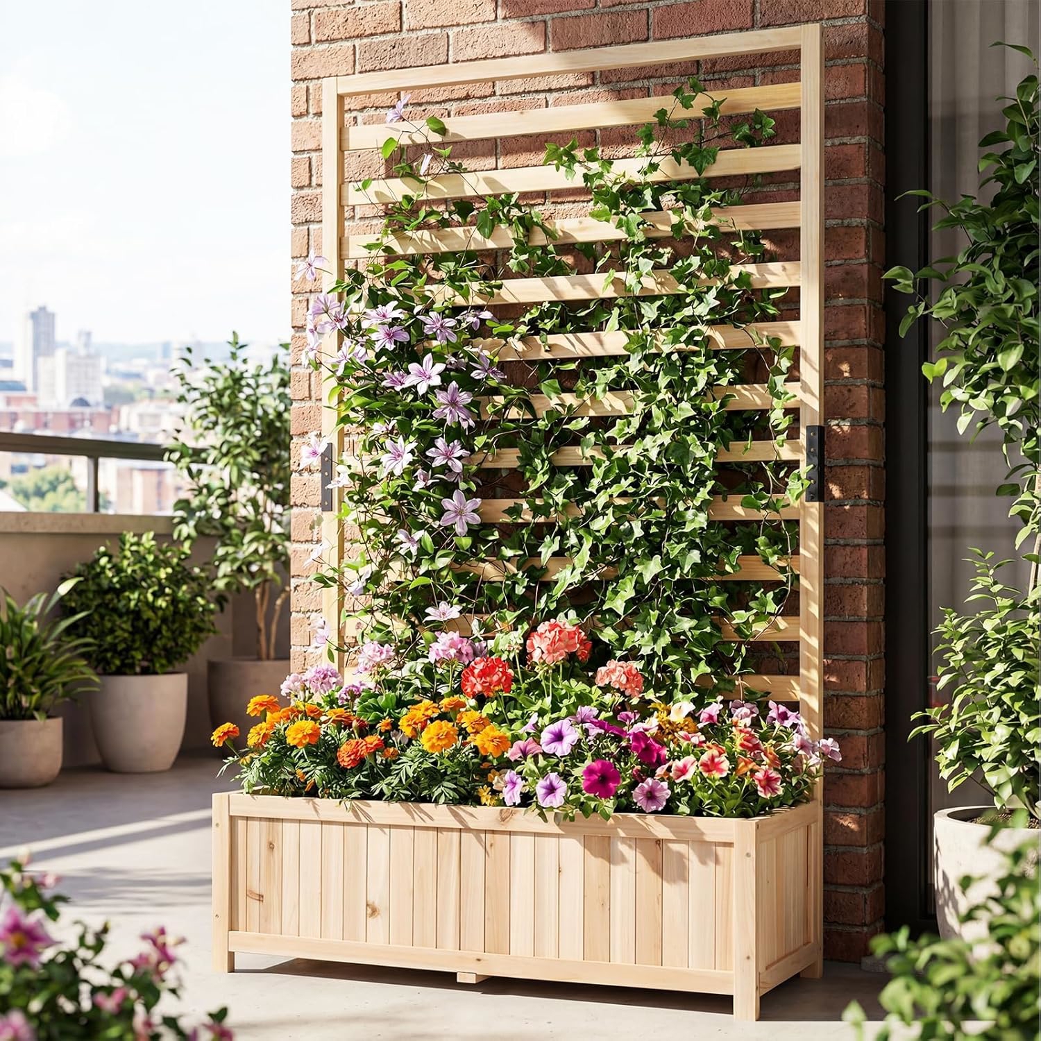 Image of Elevated Garden With Trellis And Crop Tank, Large Plant, Outdoor Wooden Garden With Removable Lattice Base