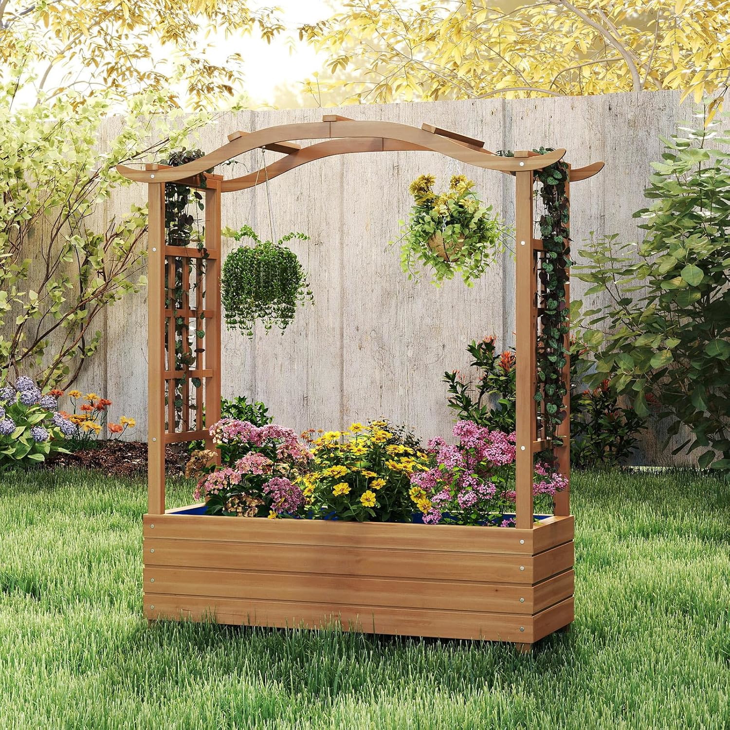 High Bed With Grate, Solid Wood Planting Box With Hanging Roof, 2 Side Grates And Lower Planting Container