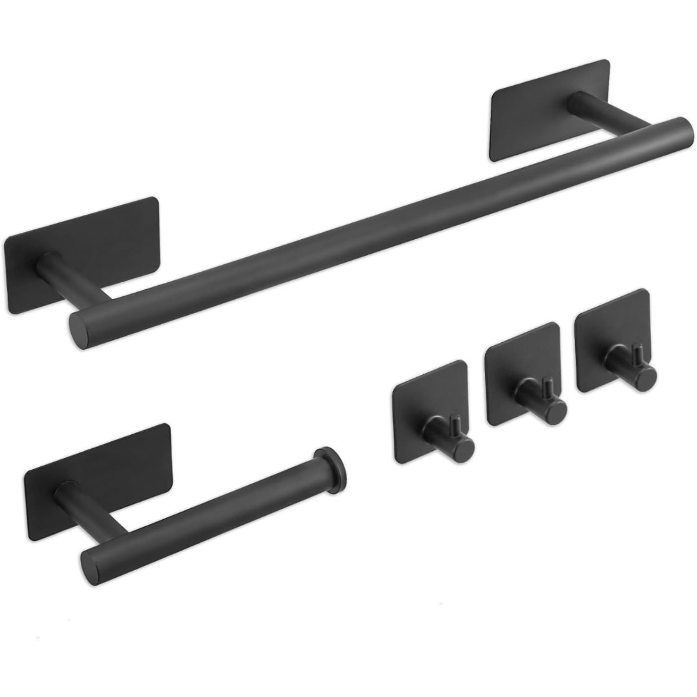 E-shop Bohrfrei 304 Edelstahl Badezimmer-Hardware-Set, Handtücher + Papier Handtücher + 3 Haken, schwarz / silber, einfache Installation, verbessern