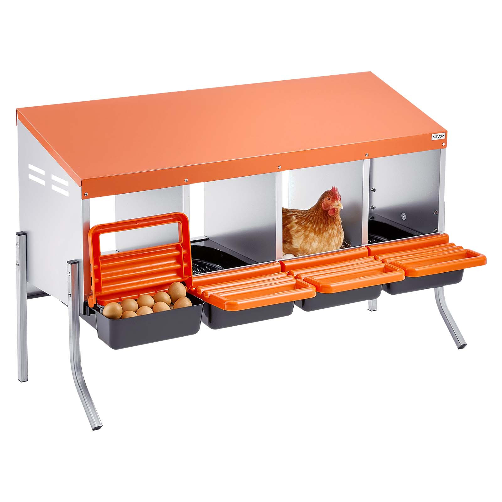 Vevor Chicken Nesting Boxes, 4 Compartments, With Support Legs, Collection, Galvanized Steel And High-strength Plastic, Nesting Boxes For Chickens And Hens Laying Eggs, Orange