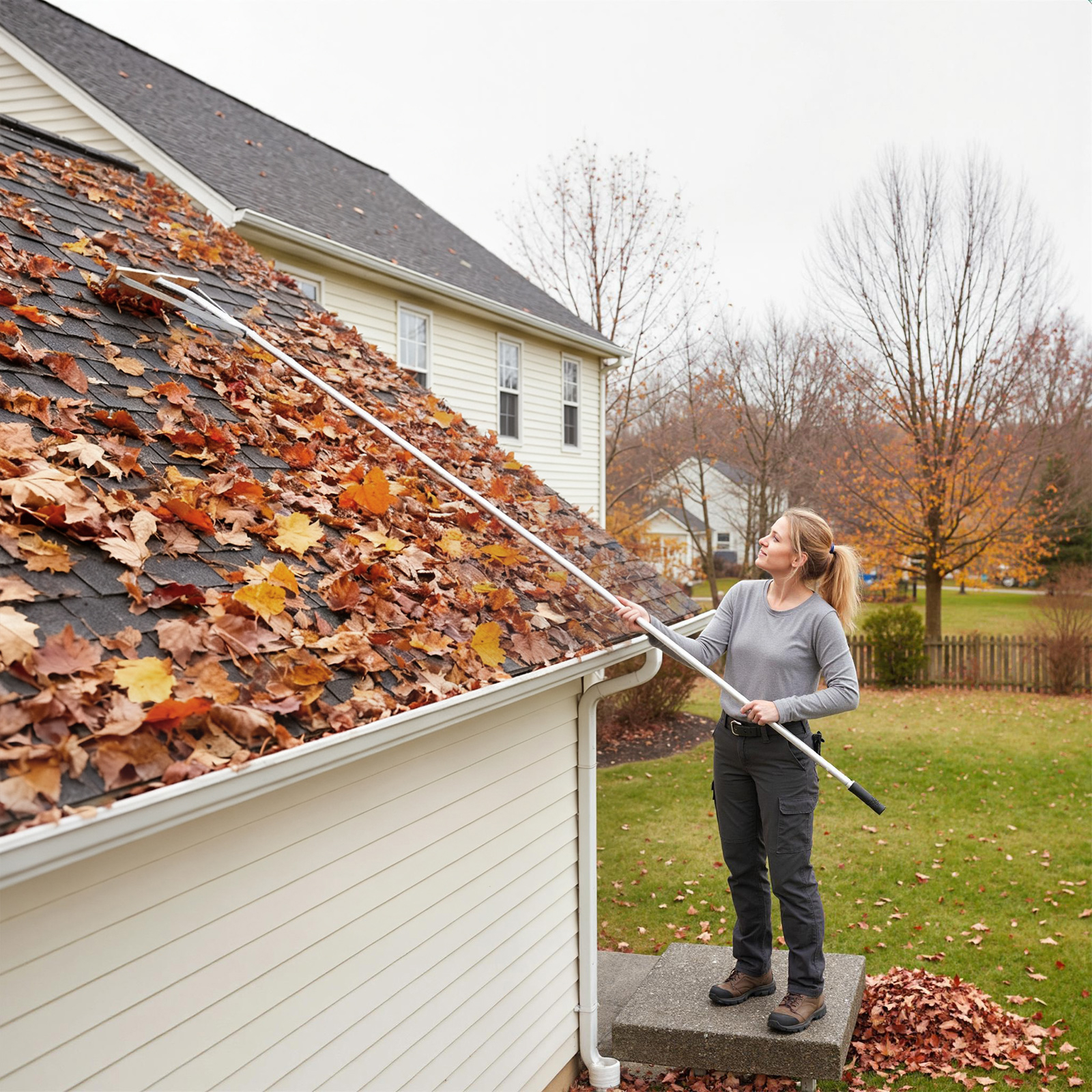 Image of Leaf Roof Brush, 165-626 Cm Length Adjustable Roof Rake W/ 5 Lightweight Aluminum Extension Poles, Roof Cleaning Tool For Removing Leaves, Pine Needles, Pine Cones