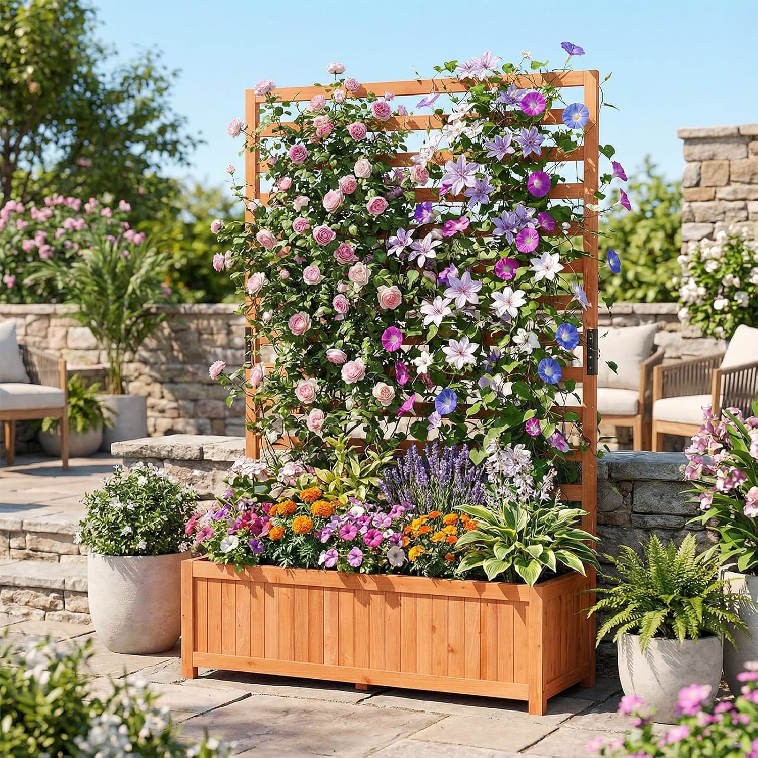 Raised Garden Bed With Trellis, 59" Tall Elevated Planter Box With Liner, Drainage
