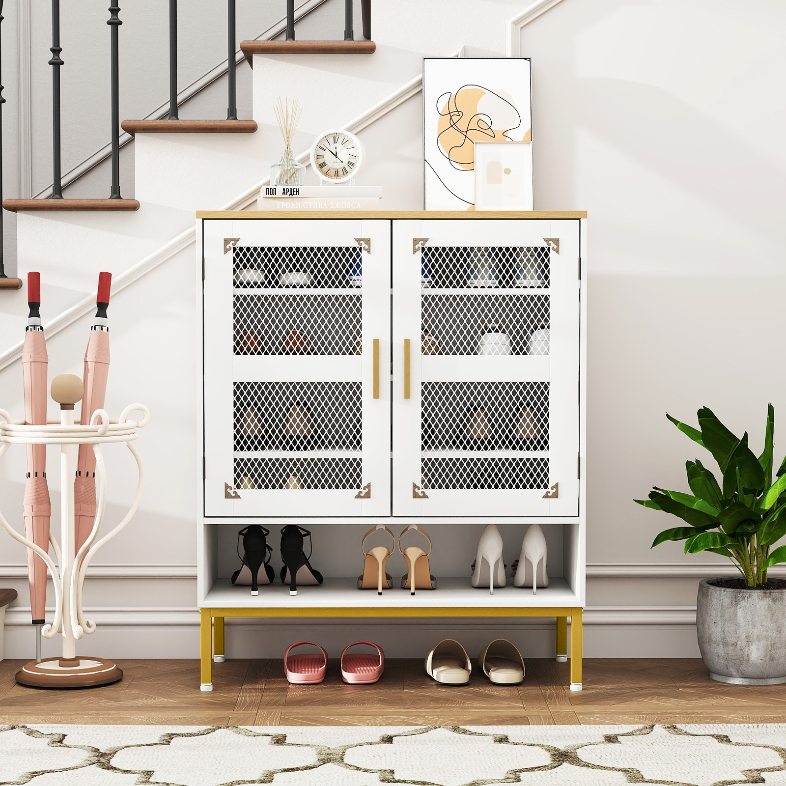 5-tier Shoe Cabinet With Mesh Doors, Wooden Modern Shoe Storage Organizer With Adjustable Shelves And Metal Legs For Entryway, Hallway, Closet And Living Room, White