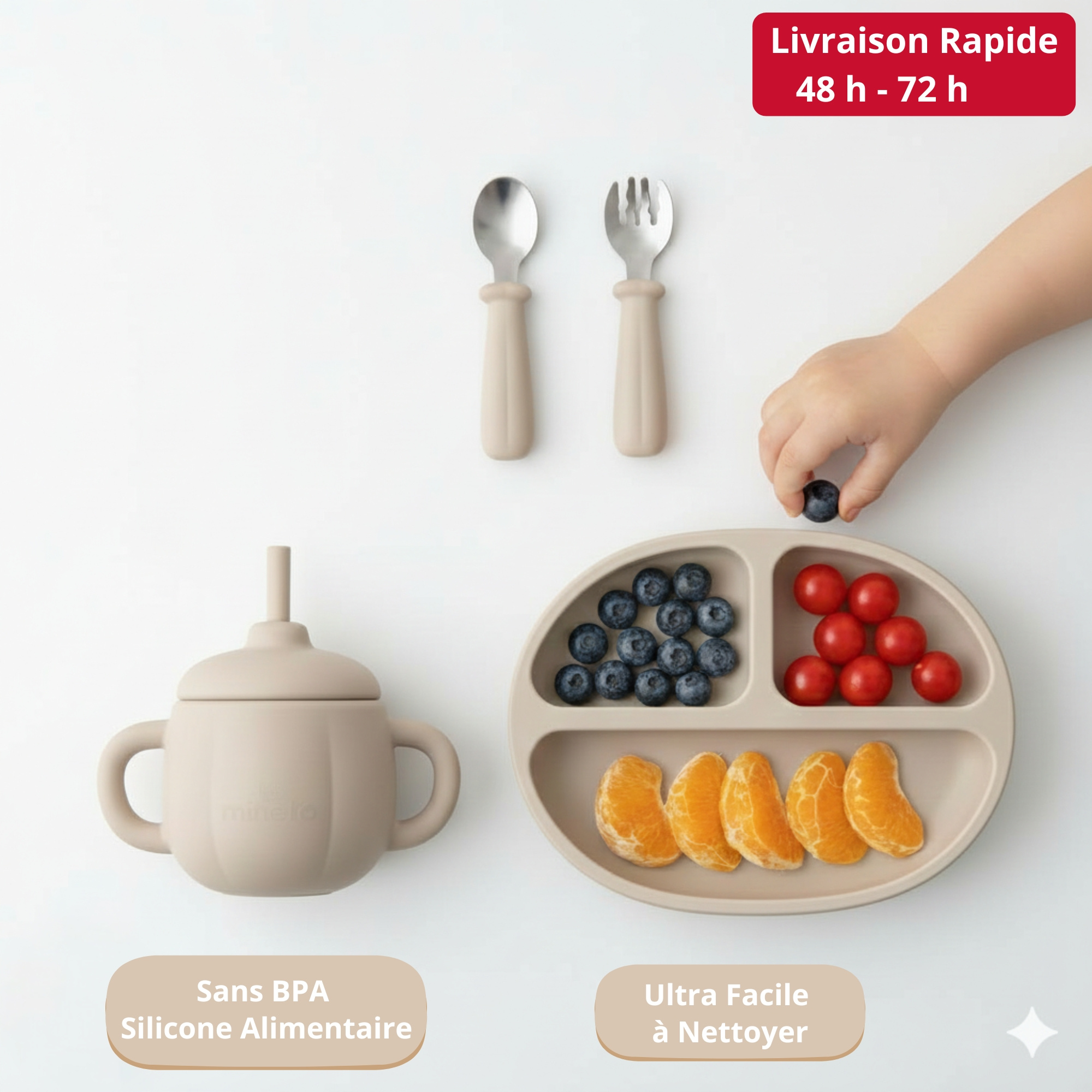 TEMU Coffret Repas Bebe Design, 4 Pièces : Assiette Bebe Ventouse Antidérapante avec Couvercle et Couverts, Set Vaisselle Bebe DME, BPA pour Sécurité