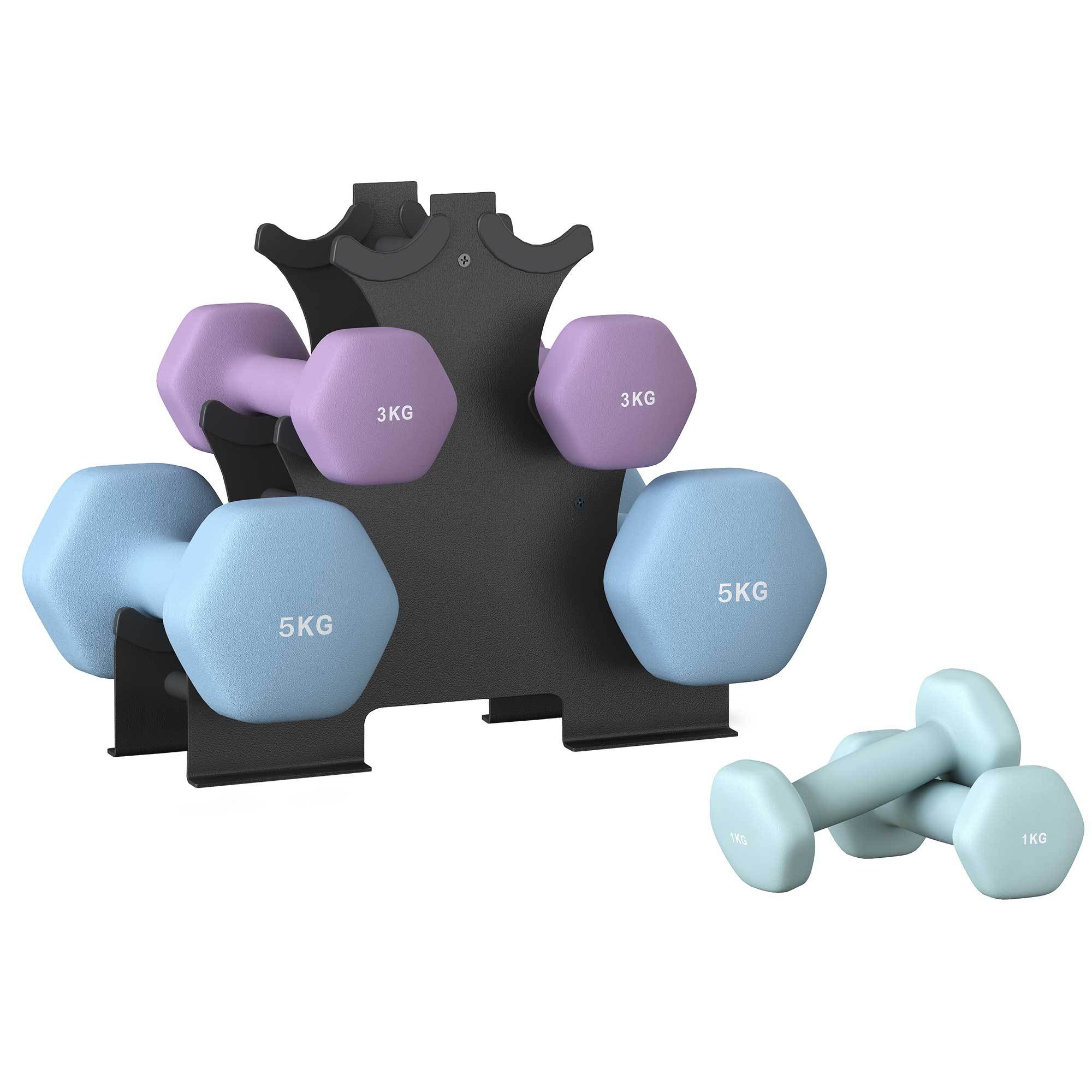 TEMU Kurzhantel Set, 2 x 1 kg, 2 x 3 kg, 2 x 5 kg, Hanteln mit Hantelständer, Neopren-Beschichtung, hellgrau, grün und rot