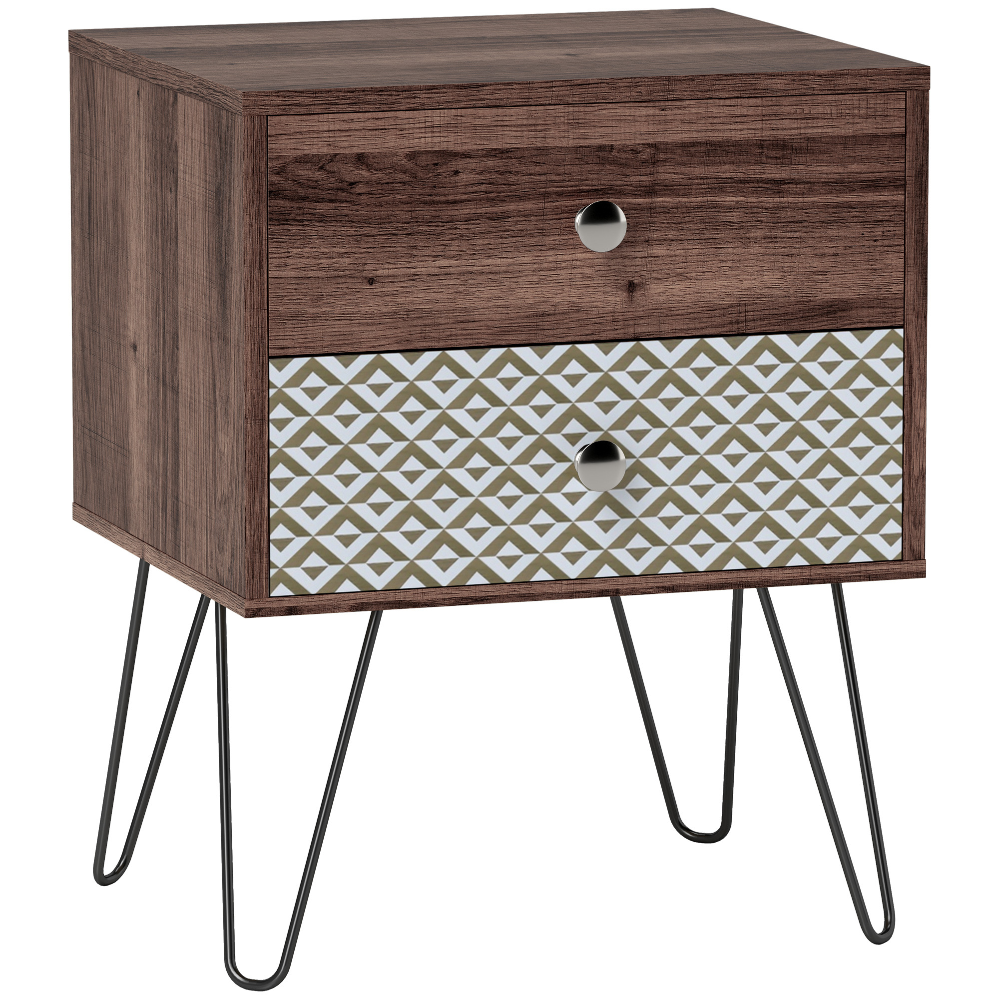 TEMU Mesita de Noche con 2 Cajones Mesilla de Noche con Patas de Acero Estilo Bohemio Mesa de Noche para Dormitorio Salón 45x39x55,5 cm Marrón