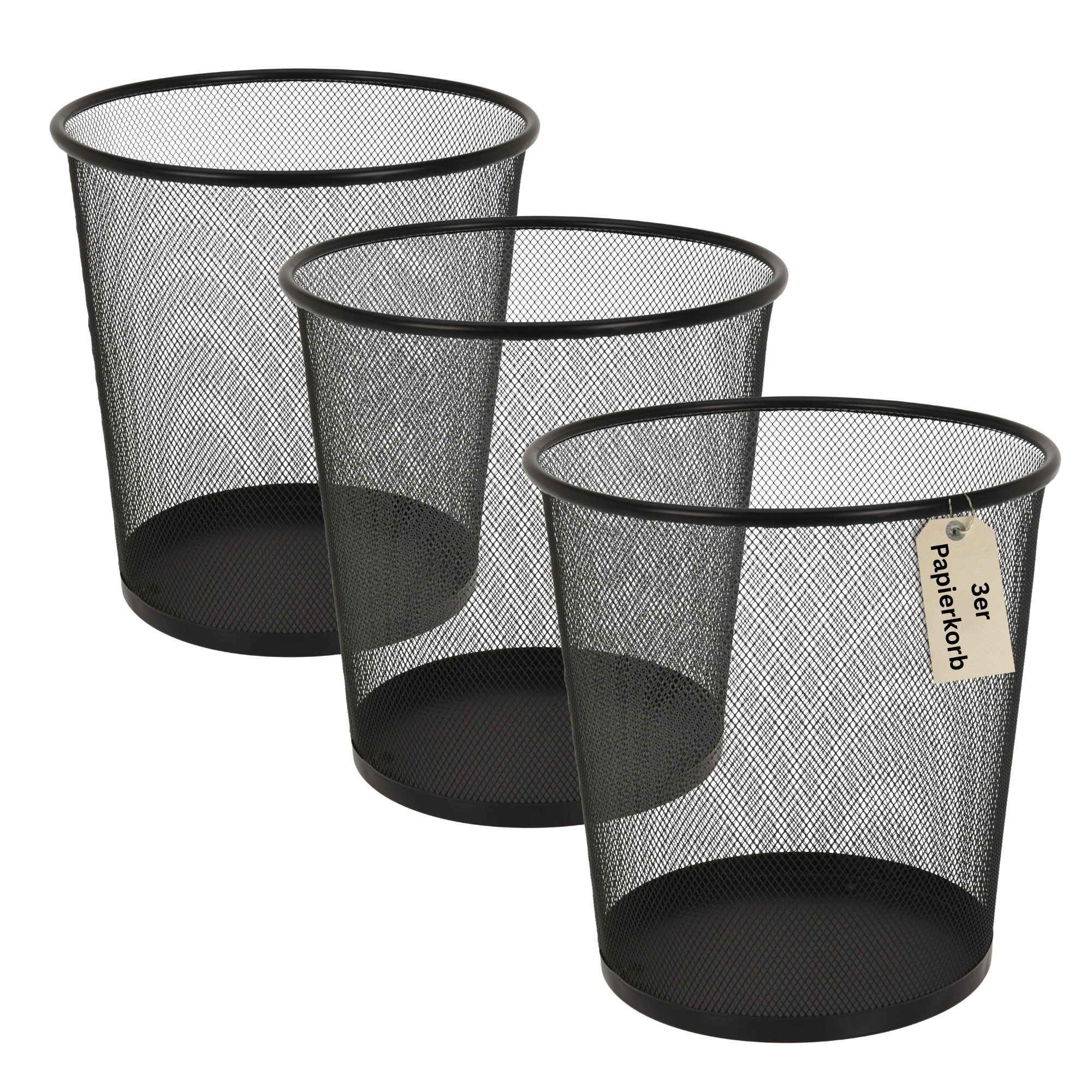 Metal Wire Mesh Trash Can 3-pack - Round, 28 Cm Height & 26.5 Cm Diameter - Stable Waste Bin For Office, Home Office & Household - Black