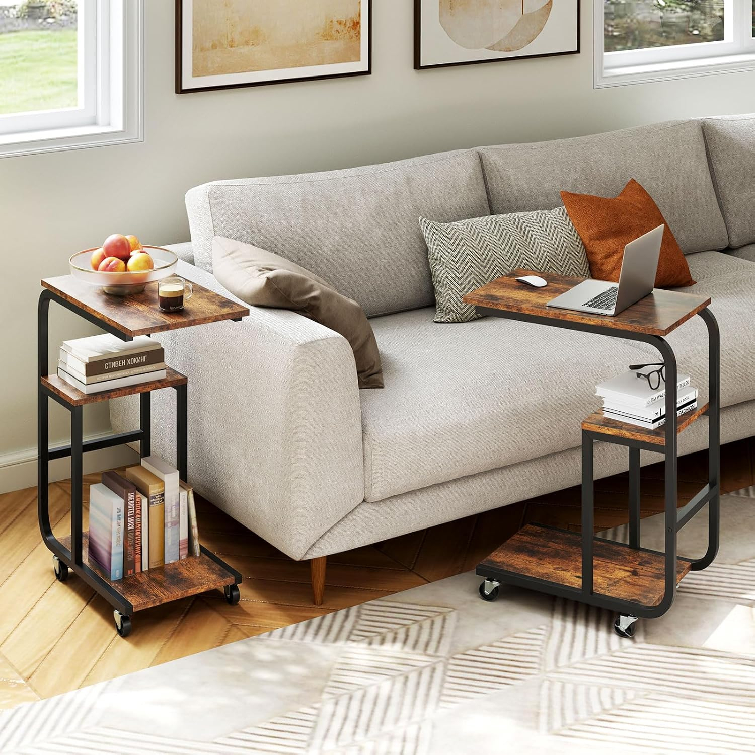 Image of End Table Set Of 2, Space-saving Couch Table With Open Shelves, Industrial Sofa Side Table With Metal Frame & Lockable Casters For Bedroom, Living Room, Rustic Brown
