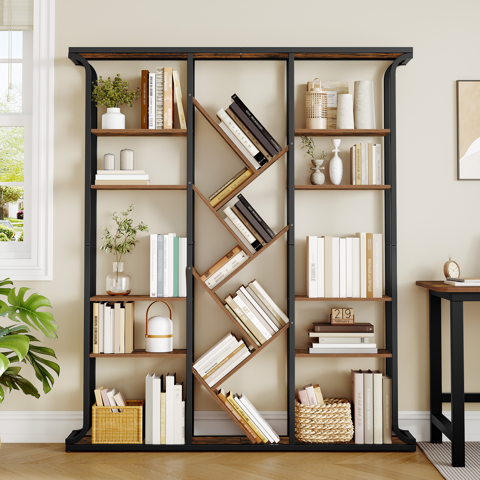 Image of Bookshelf, 3-column 6-tier Tree-shaped Bookcase, 17 Compartments Open Independent Shelves, For Home Office, Bedroom, Living Room, 24 X 156 X 180 /brown-black