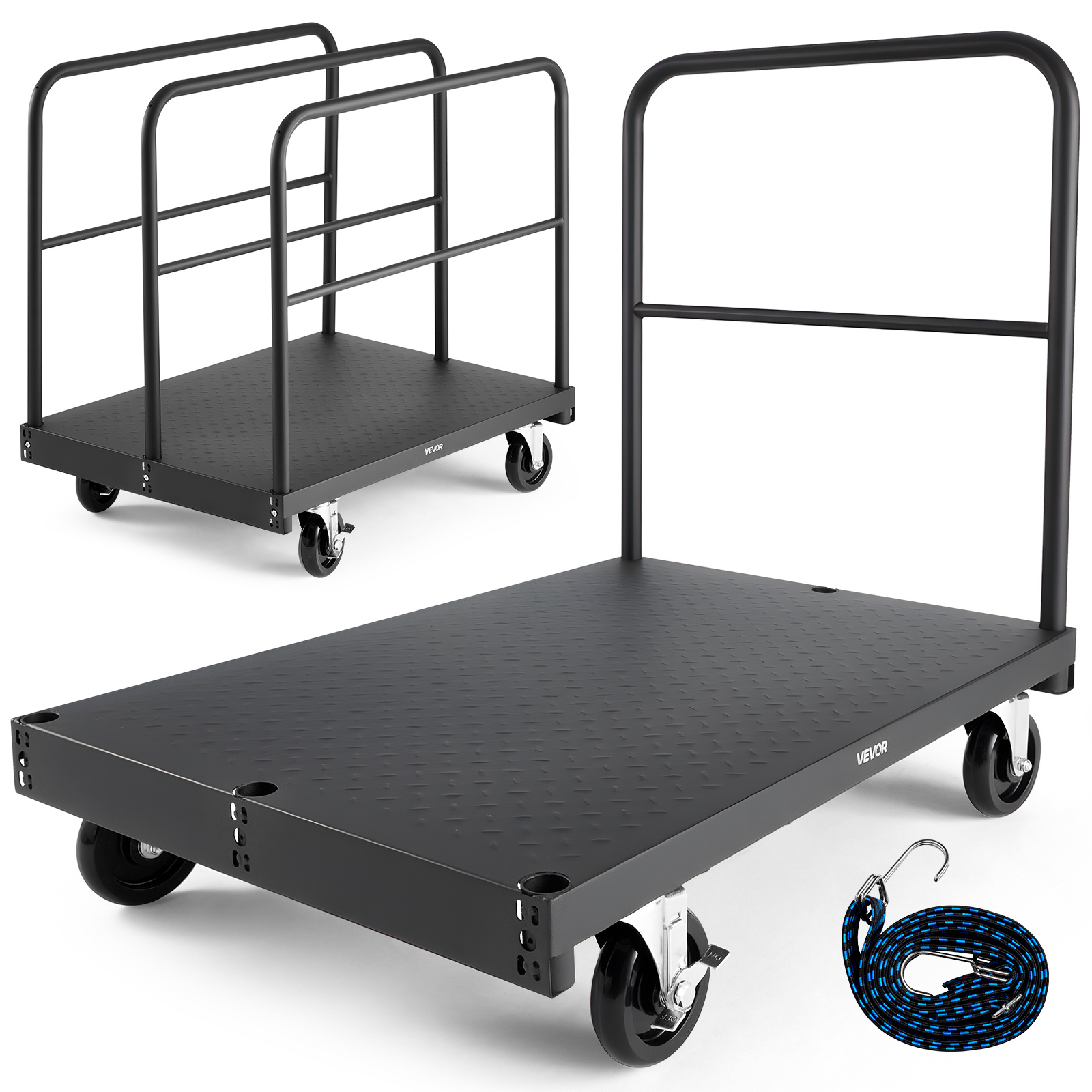 Image of Vevor Drywall Cart Dolly, 1800 Lbs Load Capacity, 2-in-1 Steel Panel Truck Cart With 5 Inch Swivel Casters, 36 X 24 Inch Platform Truck With 4 Side Handrails For Factory, Warehouse, Garage, Black