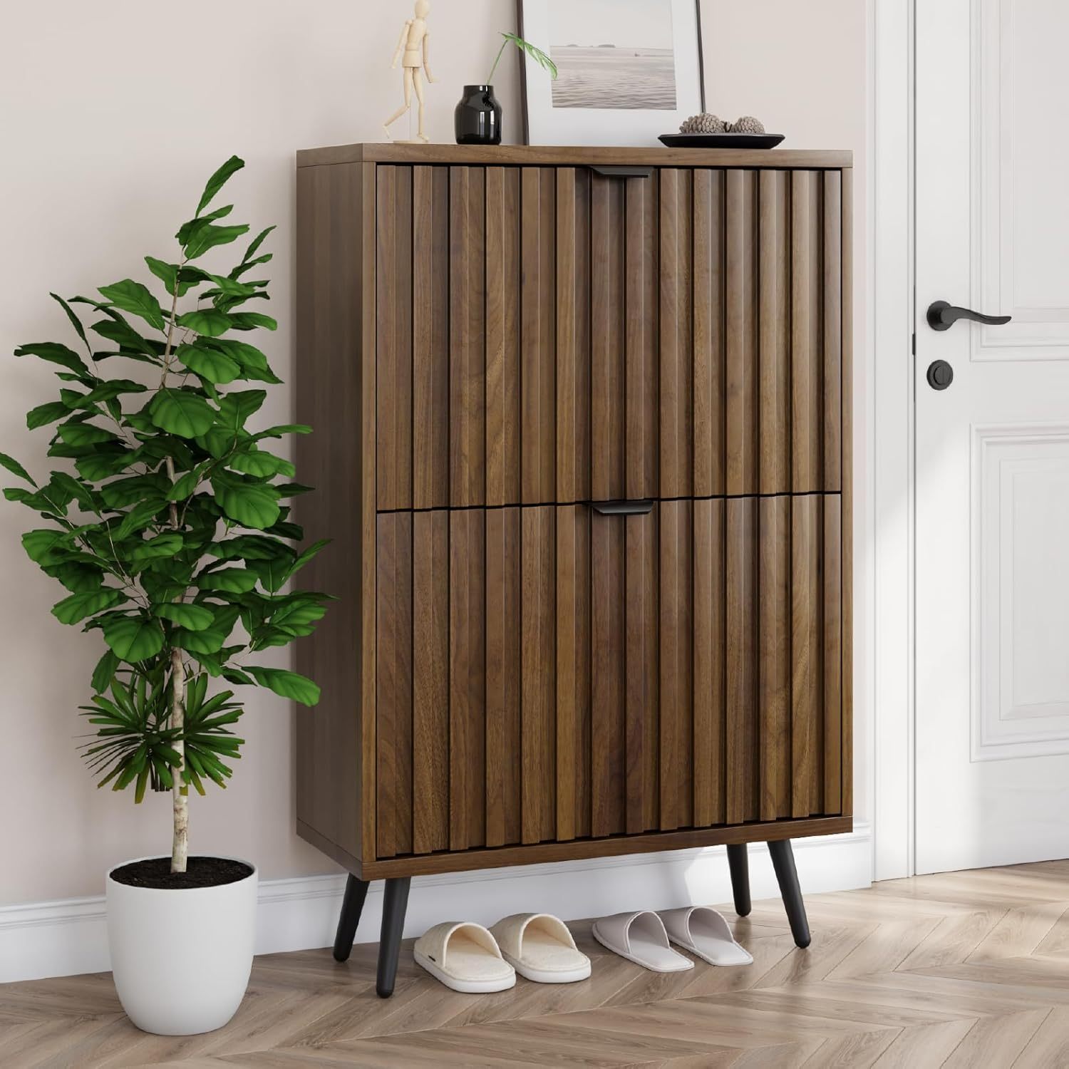 Image of Shoe Cabinet With 2 Fold-out Drawers, 23.6 Inches (60 Cm) Walnut Wood Shoe Cabinet With Ribbed Design, Freestanding Shoe Organizer For Hallway, Living Room, Or Closet.