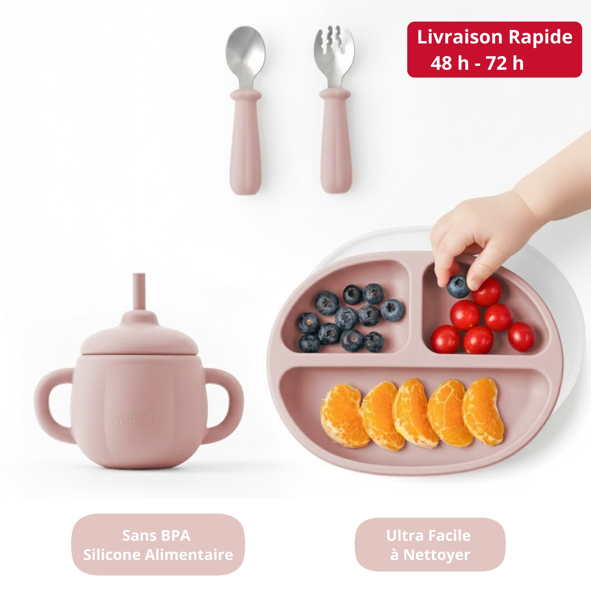TEMU Coffret Repas Bebe Design, 5 Pièces : Assiette Bebe Ventouse Antidérapante, couvercle assiette, tasse d'apprentissage, couverts, Set Vaisselle