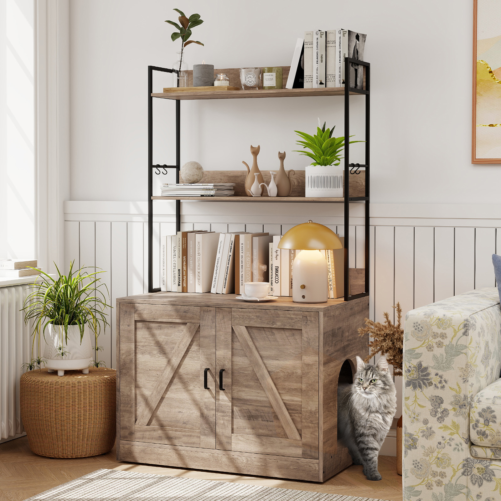 Image of Modern Cat Litter Box Enclosure, Hidden Cat Washroom Cabinet W/3-tier Shelves, 4 Hooks, 2-door Cabinet, Side Cat Hole, Metal Frame, Industrial Storage Cabinet Cat Furniture For Living Room, Indoor