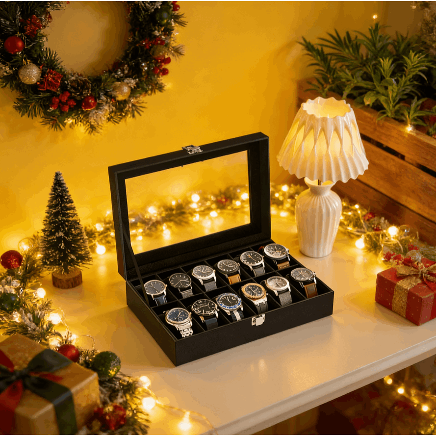 E-shop Uhrenbox mit 12 Fächern, Uhrenkasten, Glasdeckel, Uhrenkoffer, herausnehmbare Uhrenkissen, Metallverschluss,Weihnachtsgeschenke