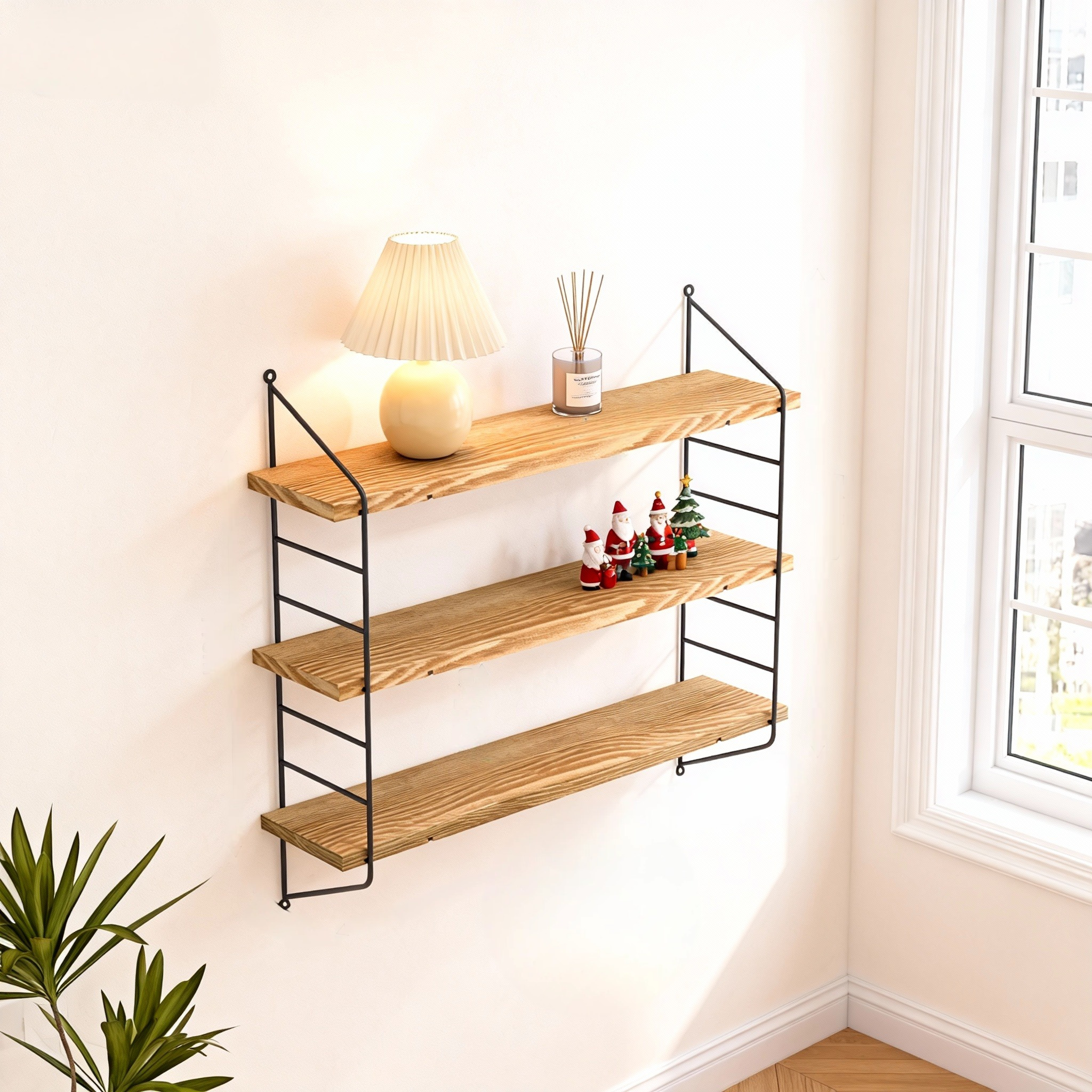 3 Tier Wall-mounted Shelf Wood Floating Display Rack Hanging Storage Shelves, Wood And Metal Frame, Wall Shelf Storage Rack Holder Rack For Living Room, Bedroom, Bathroom, Kitchen, Office