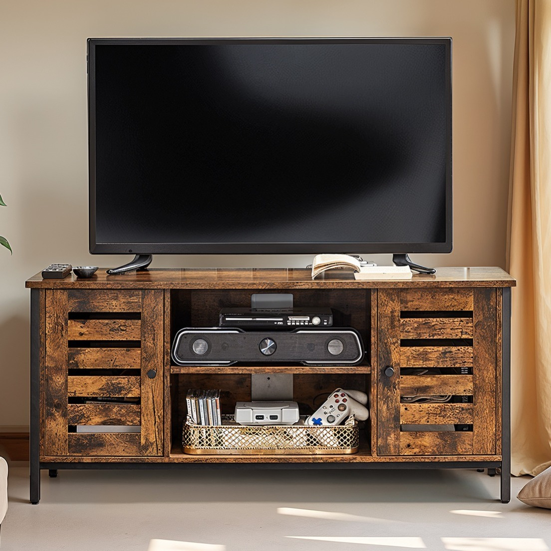 E-shop TV-Schrank, Fernsehtisch, Lowboard mit 2 Schränken und 2 Regalebenen, Wohnzimmer, Lamellentüren, Industrie-Design, Montage , ,braun-schwarz
