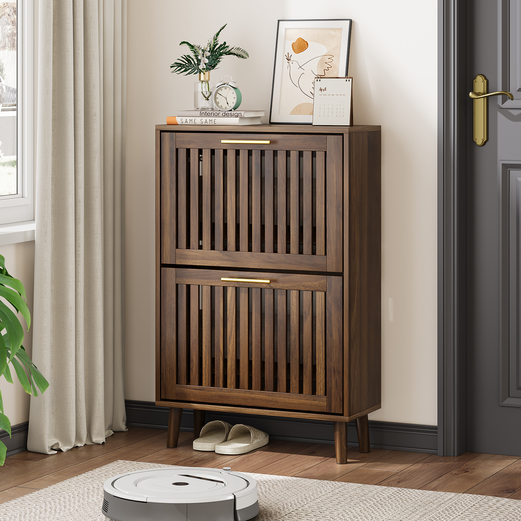 Image of Shoe Cabinet, Shoe Storage Cabinet, Wardrobe Cabinet, Slim Shoe Cabinet, Walnut Finish