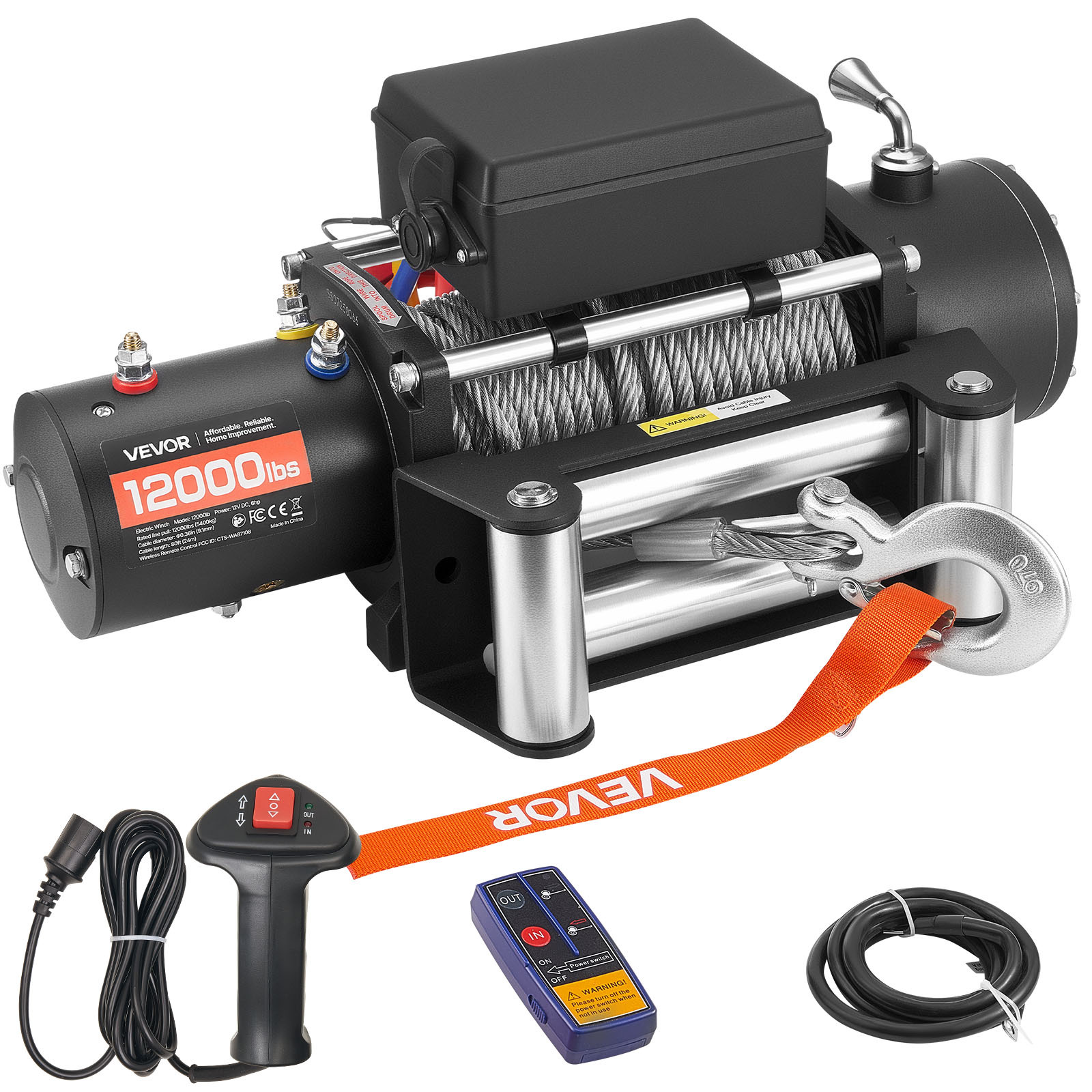 Image of Vevor Electric Winch, 5400 Kg Load Capacity, 12v Truck Winch With Φ9.1 Mm X 24 M Steel Rope, Wireless & Wired Remote Control, For Towing Suv, , Trailer, Boat, Off-road Vehicle